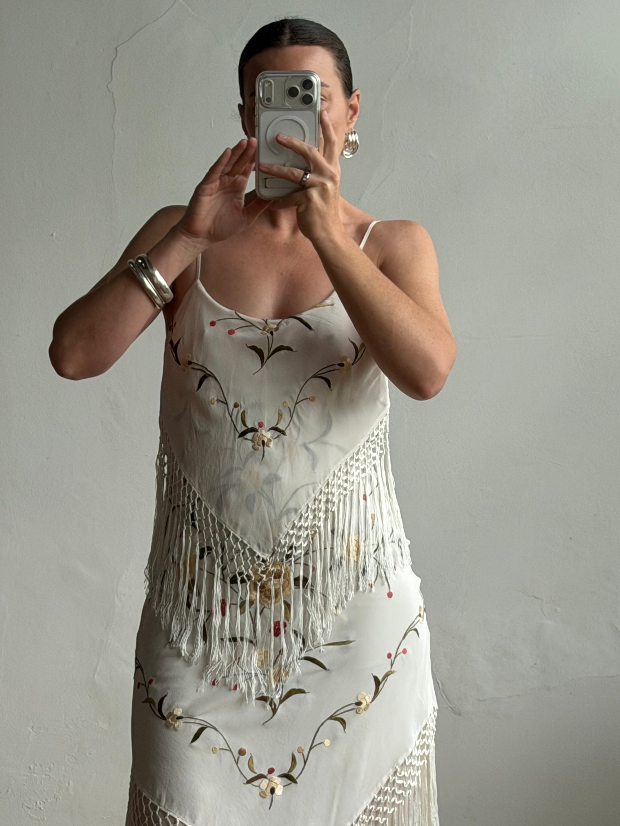 Vintage 90s Pure Silk Embroidered Fringe Maxi Dress Ivory