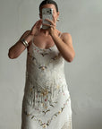 Vintage 90s Pure Silk Embroidered Fringe Maxi Dress Ivory