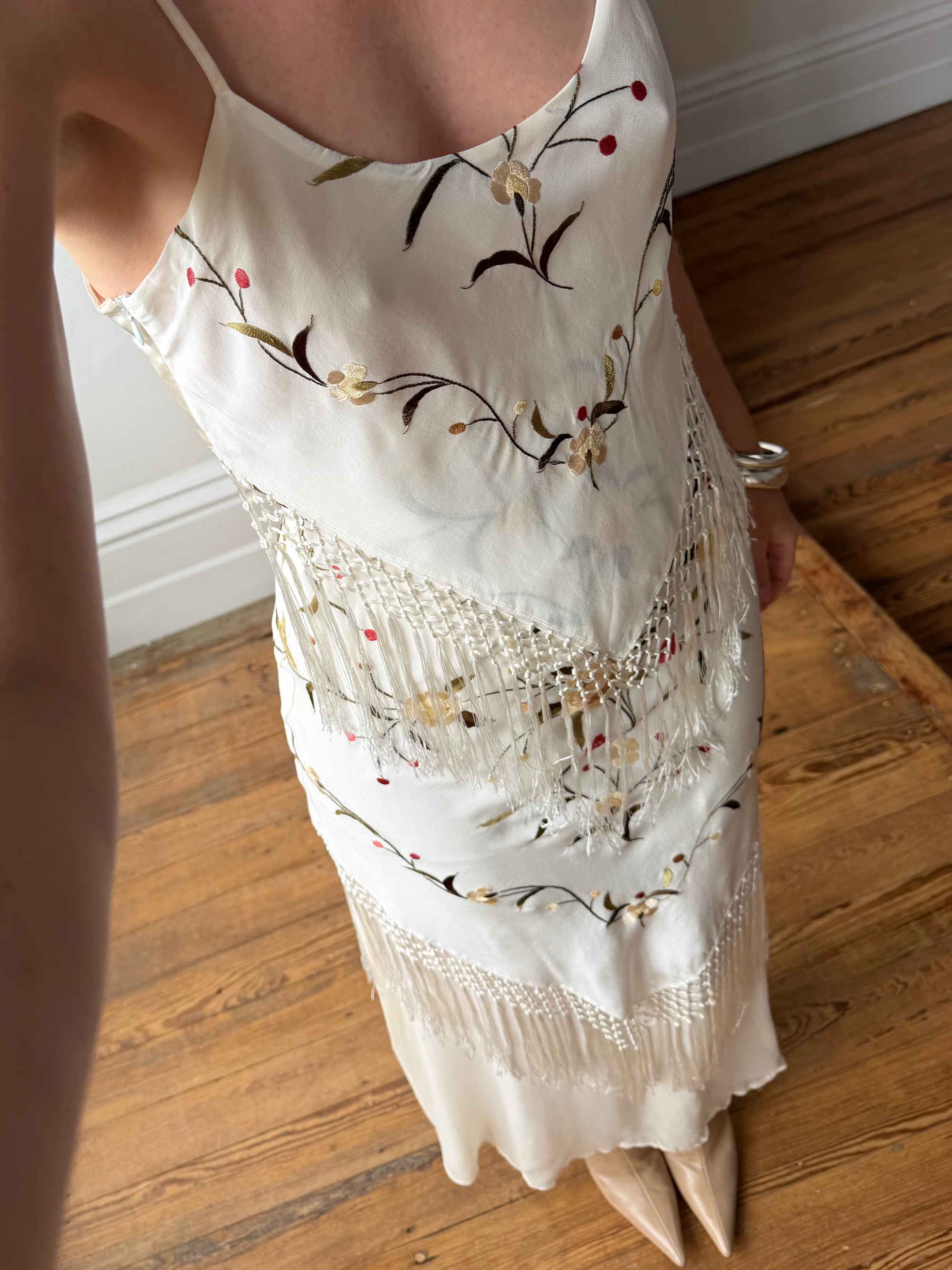 Vintage 90s Pure Silk Embroidered Fringe Maxi Dress Ivory