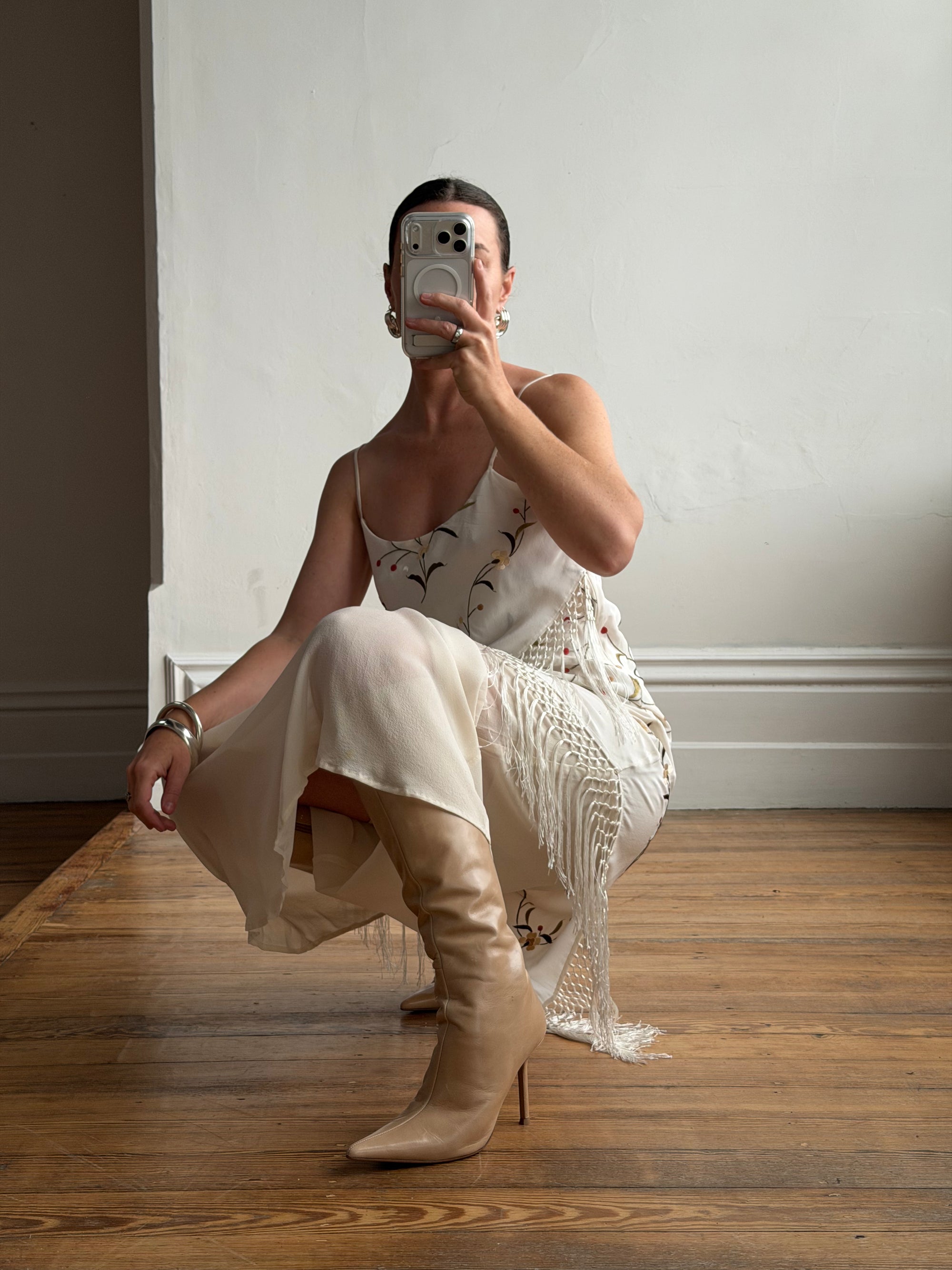 Vintage 90s Pure Silk Embroidered Fringe Maxi Dress Ivory