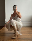 Vintage 90s Pure Silk Embroidered Fringe Maxi Dress Ivory