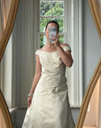 Vintage 90s Italian Embroidered Off Shoulder Two-Piece Bridal Set Fawn