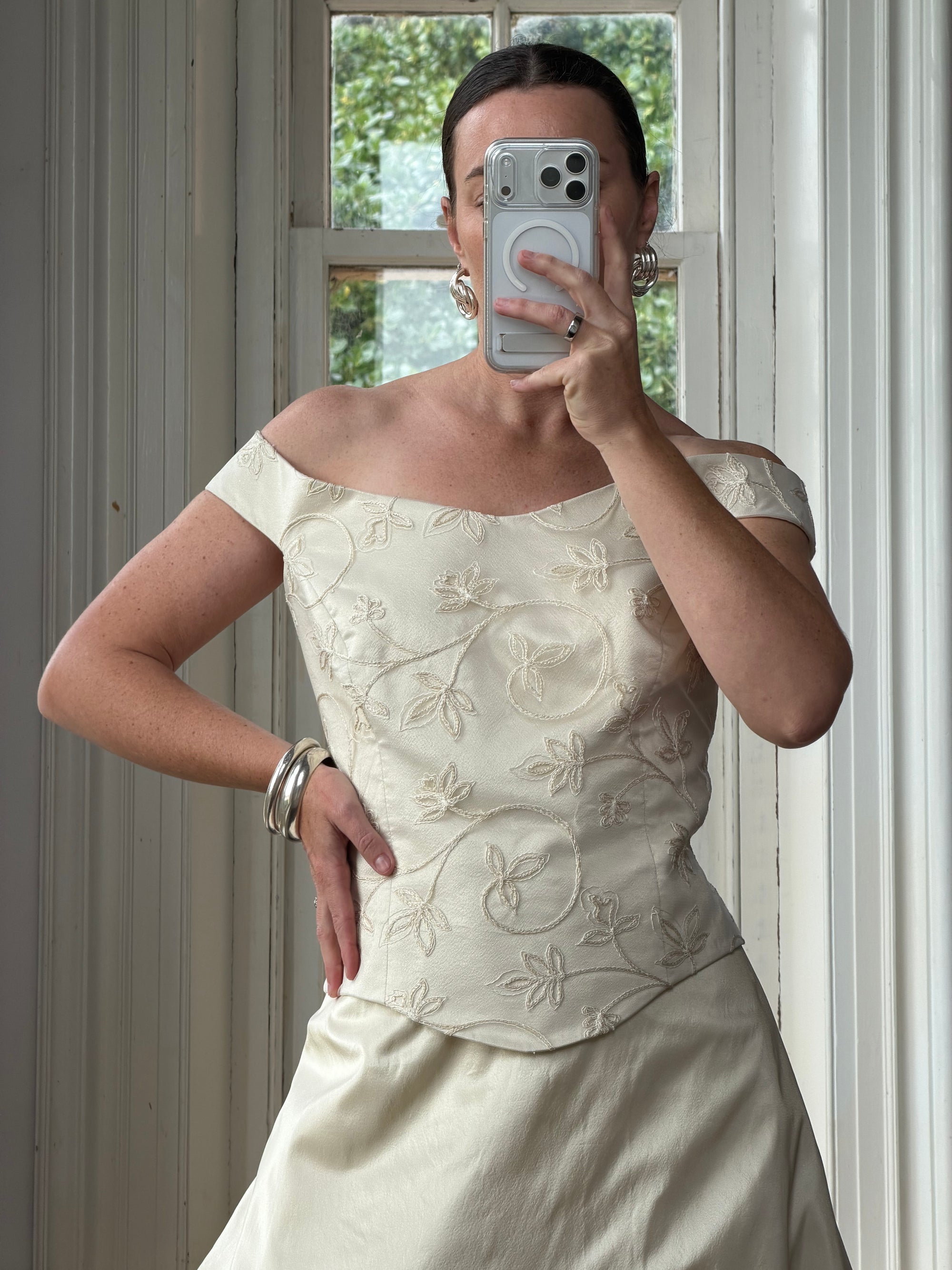 Vintage 90s Italian Embroidered Off Shoulder Two-Piece Bridal Set Fawn
