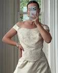 Vintage 90s Italian Embroidered Off Shoulder Two-Piece Bridal Set Fawn