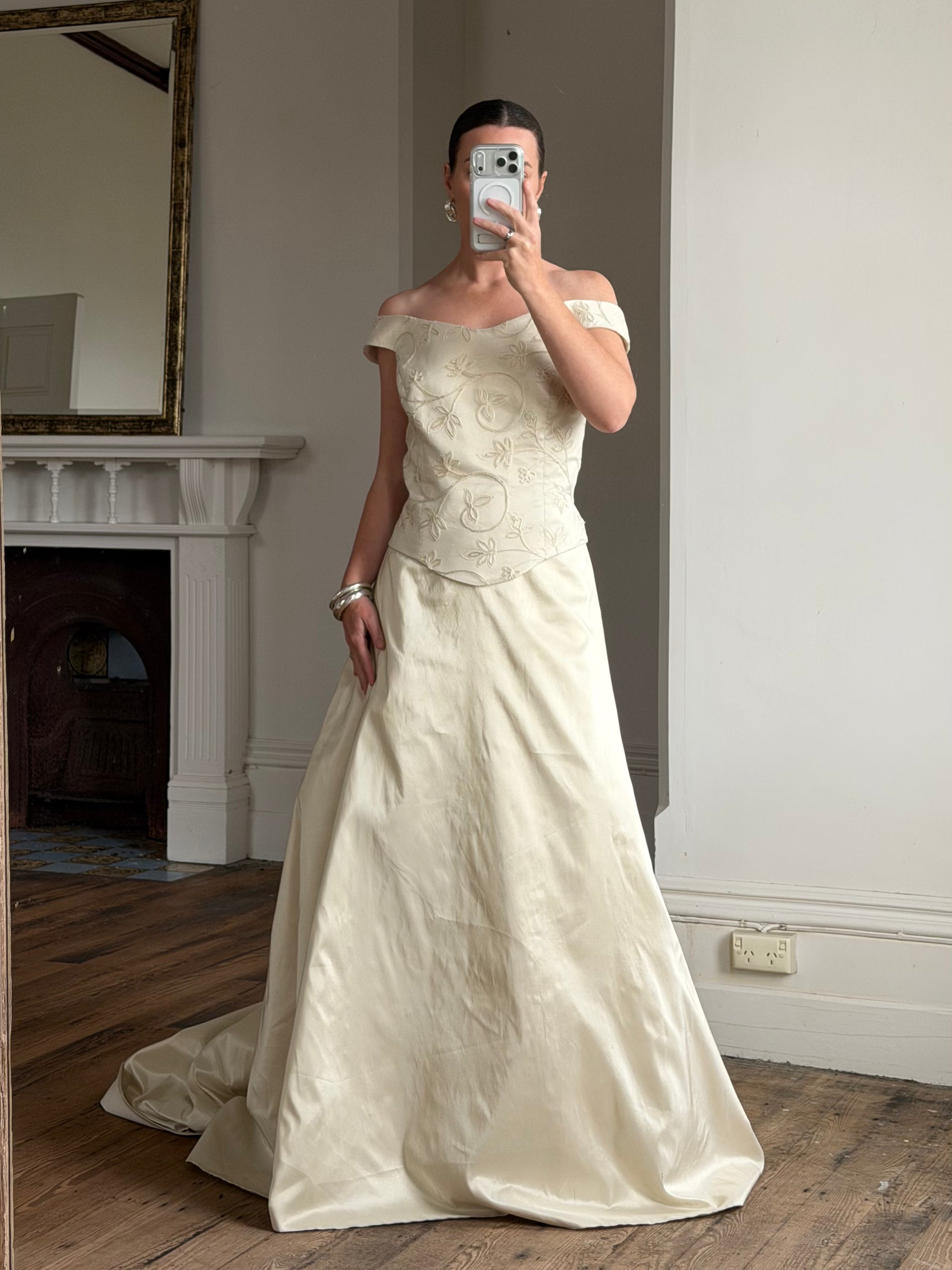Vintage 90s Italian Embroidered Off Shoulder Two-Piece Bridal Set Fawn