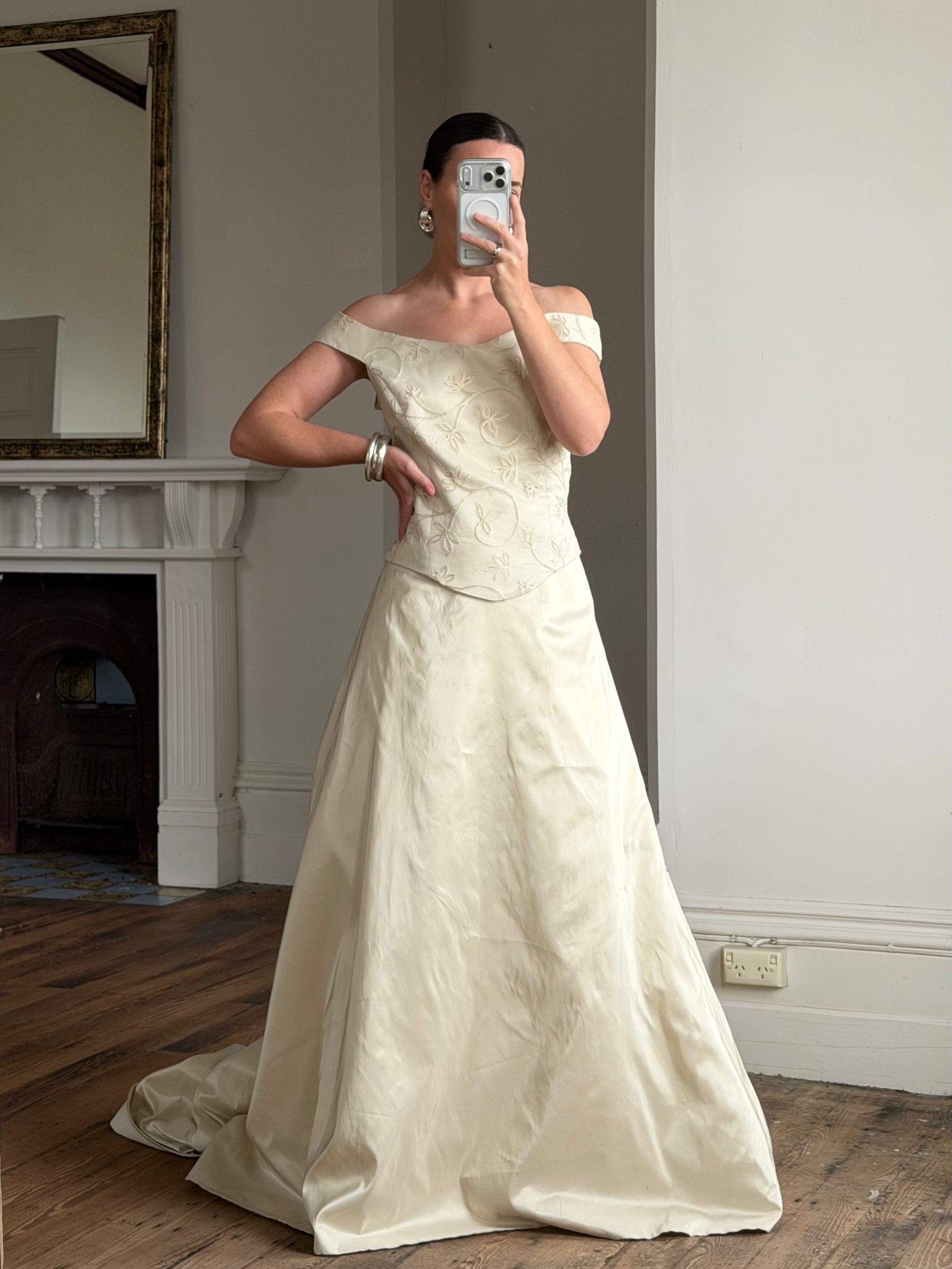 Vintage 90s Italian Embroidered Off Shoulder Two-Piece Bridal Set Fawn