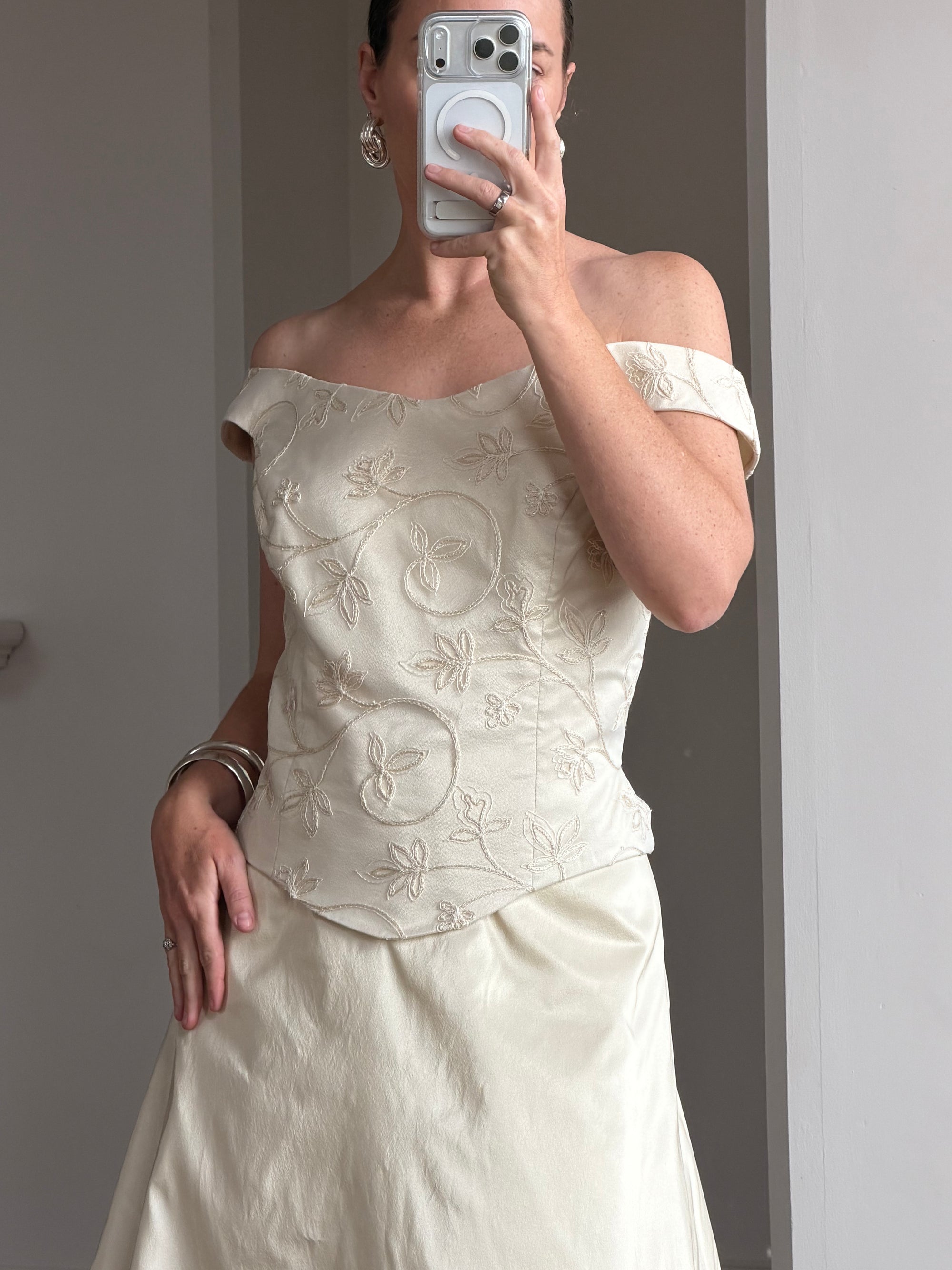 Vintage 90s Italian Embroidered Off Shoulder Two-Piece Bridal Set Fawn
