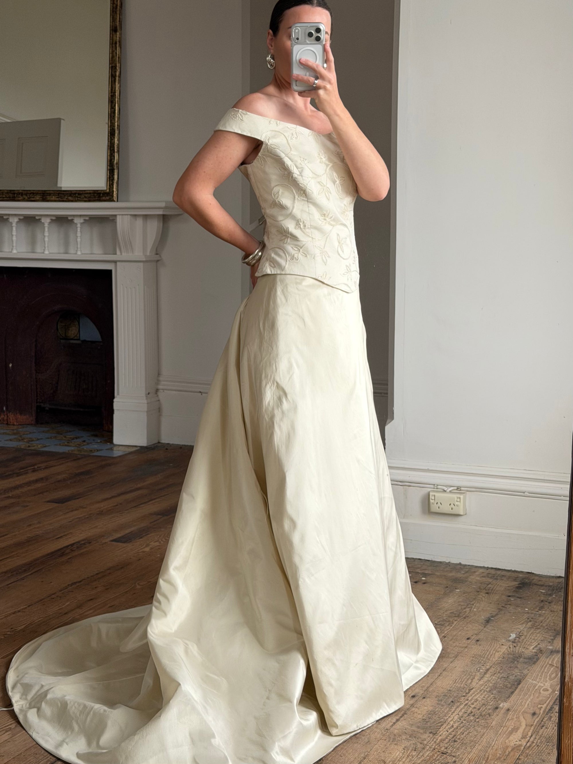 Vintage 90s Italian Embroidered Off Shoulder Two-Piece Bridal Set Fawn