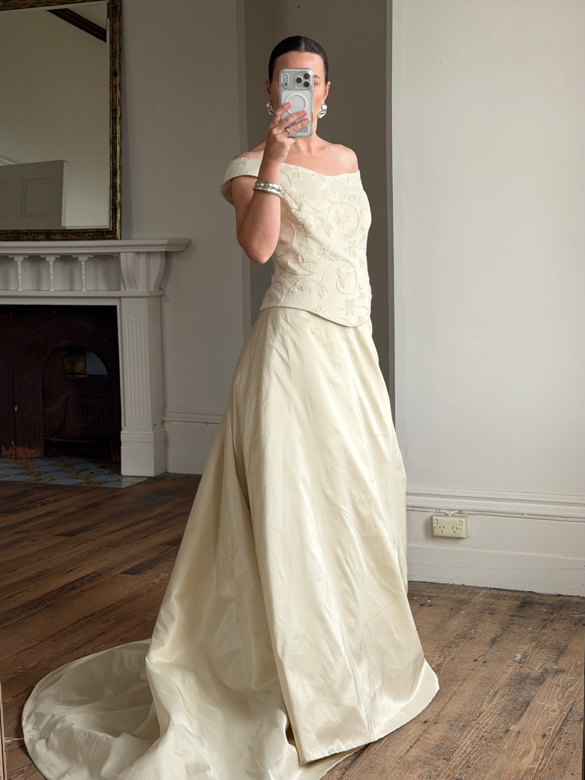 Vintage 90s Italian Embroidered Off Shoulder Two-Piece Bridal Set Fawn