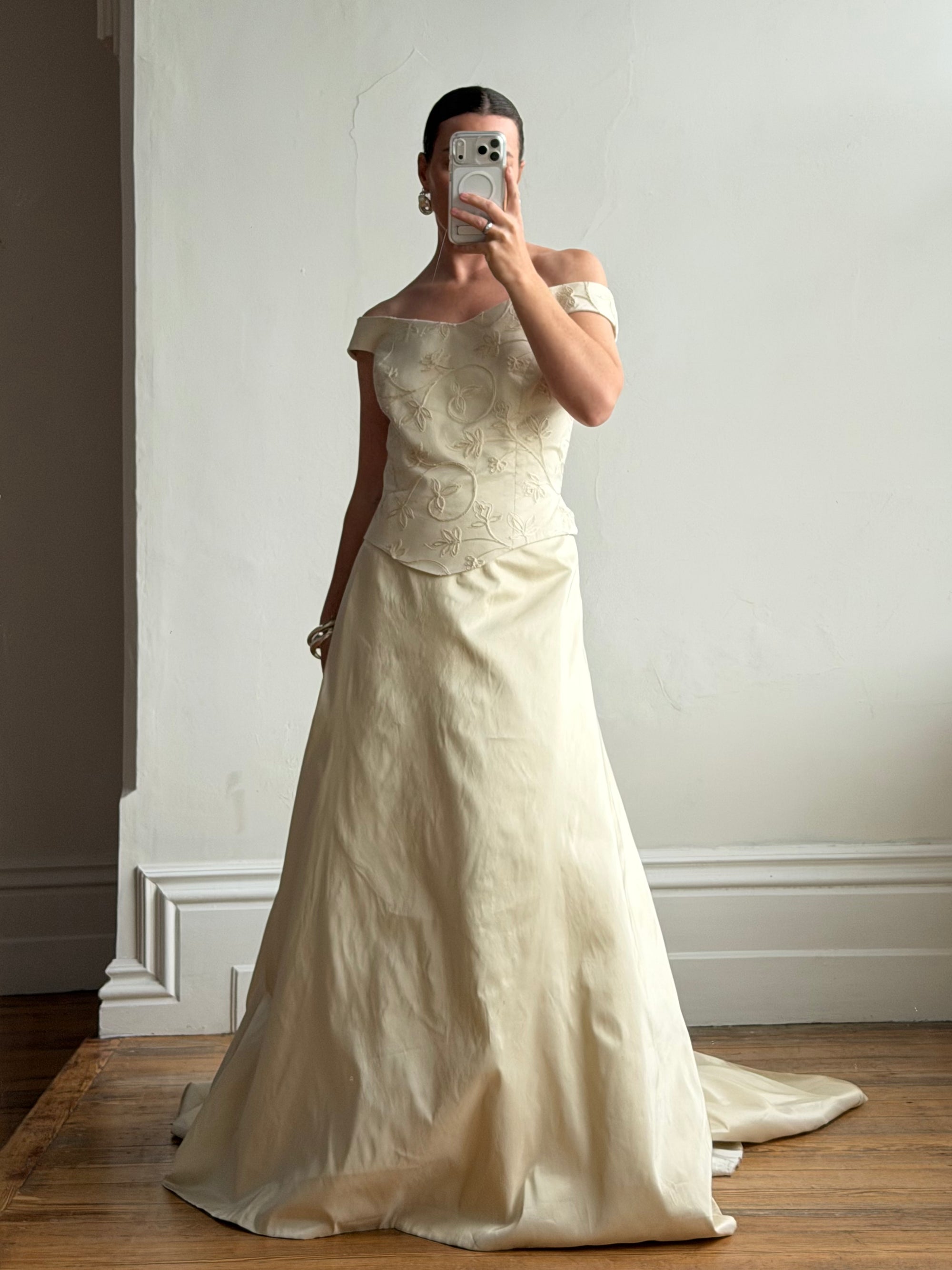 Vintage 90s Italian Embroidered Off Shoulder Two-Piece Bridal Set Fawn