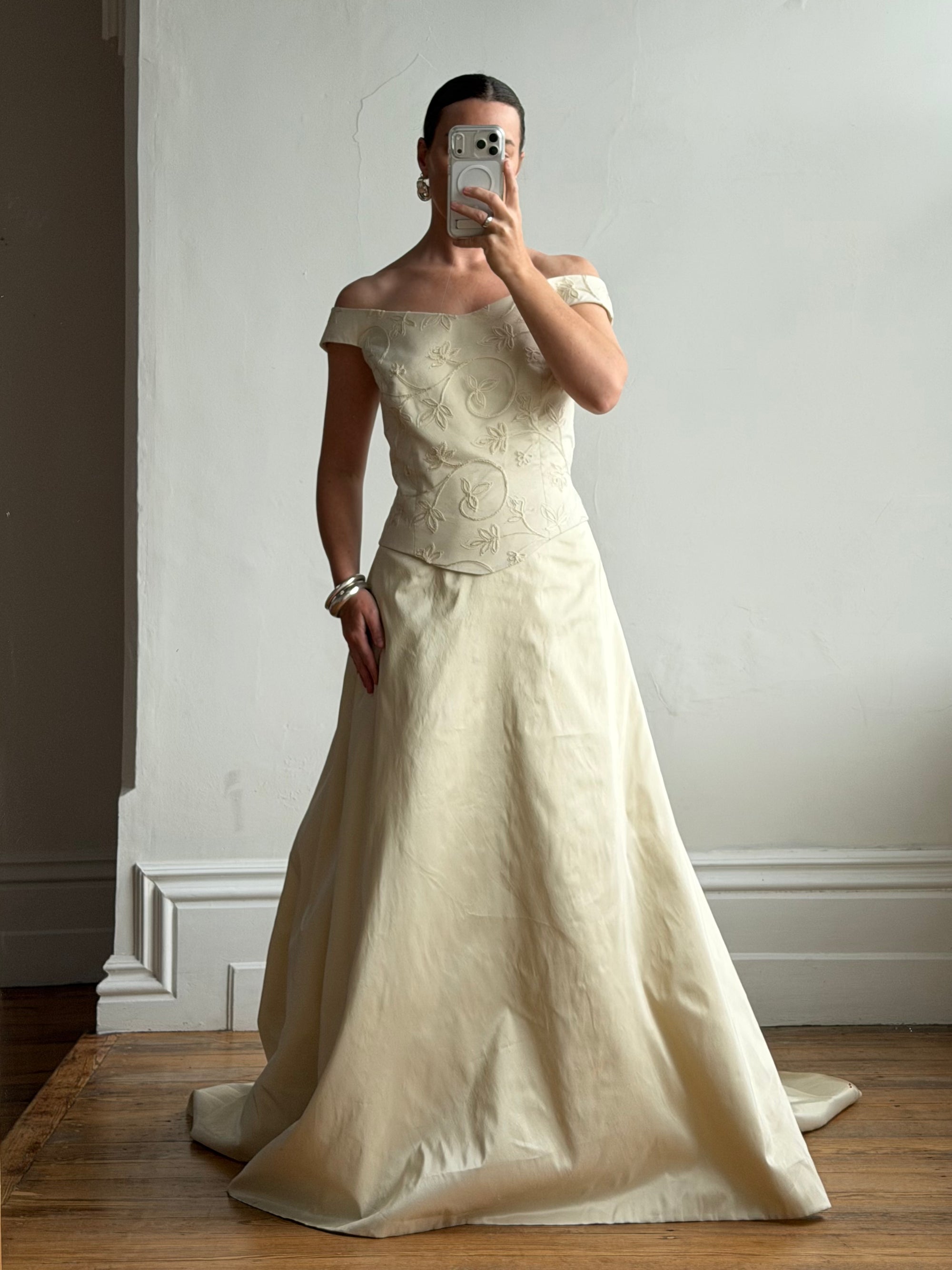 Vintage 90s Italian Embroidered Off Shoulder Two-Piece Bridal Set Fawn