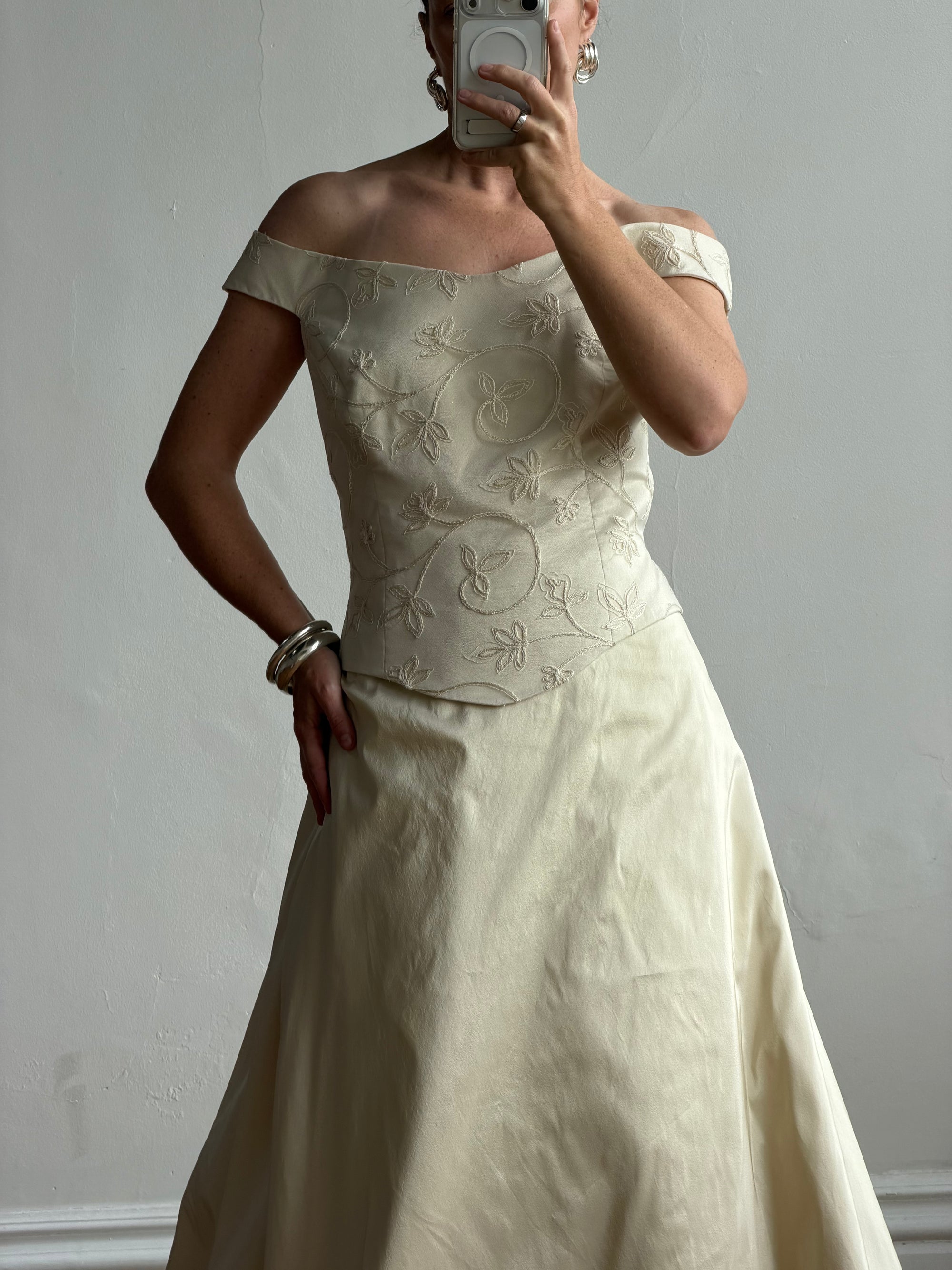 Vintage 90s Italian Embroidered Off Shoulder Two-Piece Bridal Set Fawn