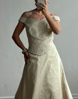 Vintage 90s Italian Embroidered Off Shoulder Two-Piece Bridal Set Fawn