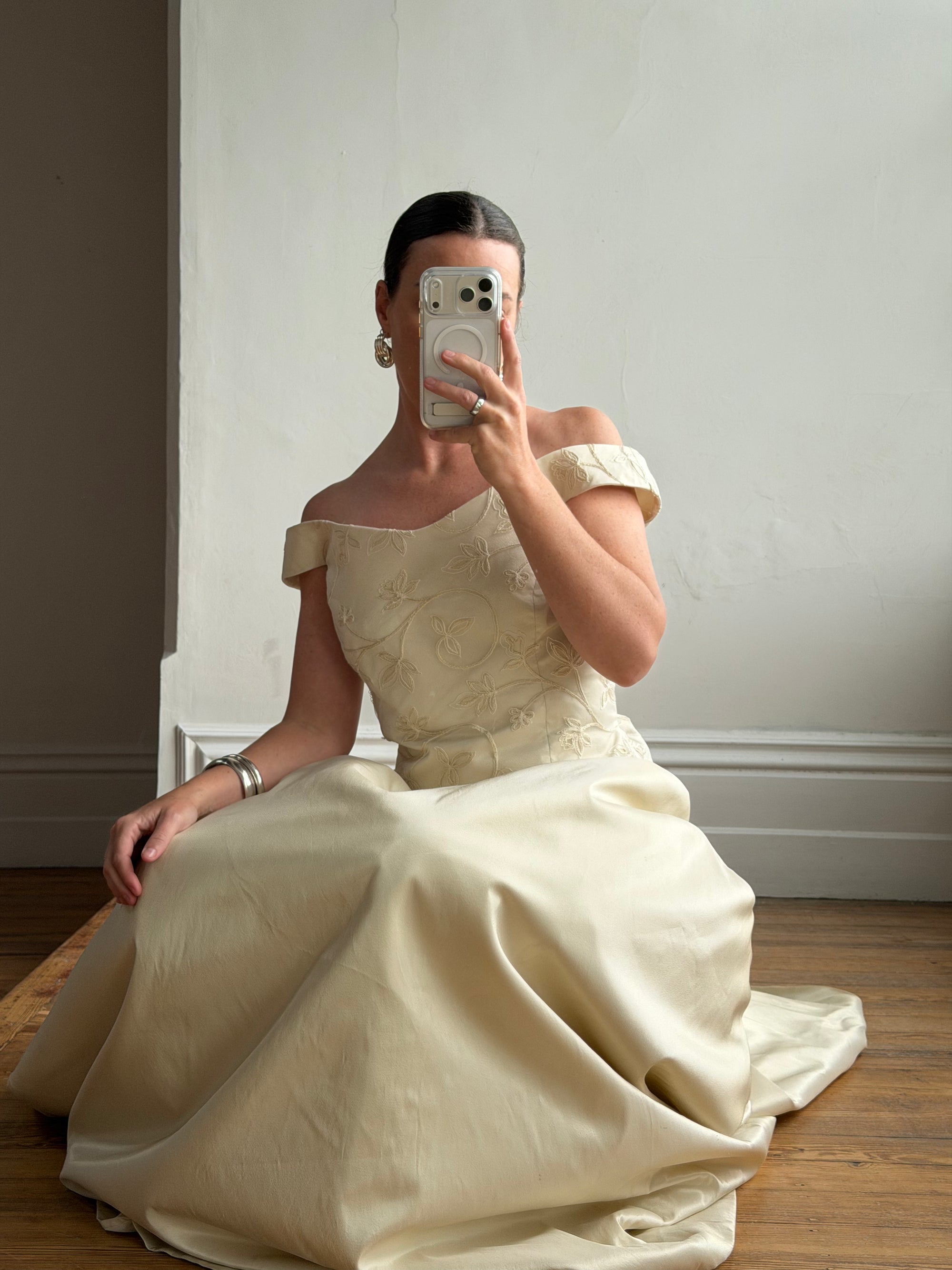 Vintage 90s Italian Embroidered Off Shoulder Two-Piece Bridal Set Fawn