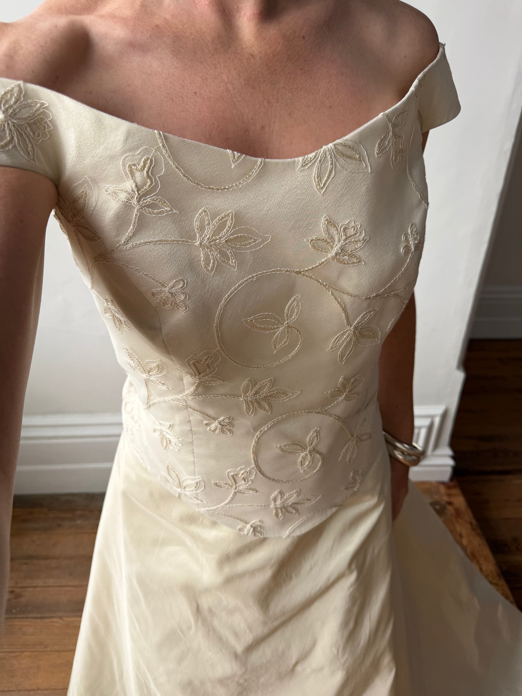 Vintage 90s Italian Embroidered Off Shoulder Two-Piece Bridal Set Fawn