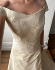 Vintage 90s Italian Embroidered Off Shoulder Two-Piece Bridal Set Fawn