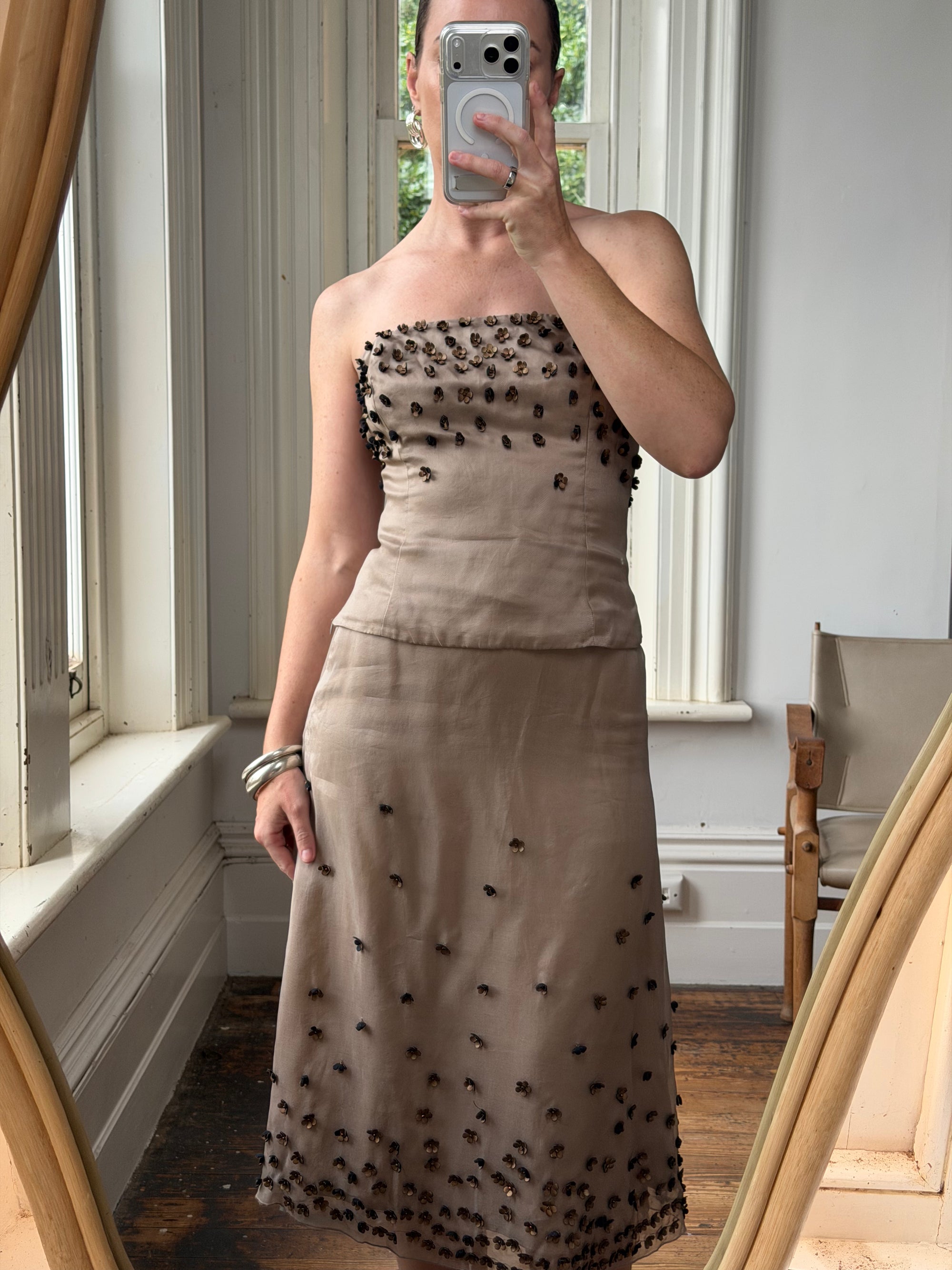 Vintage Y2K Mocha Silk Organza Set With 3D Floral Applique