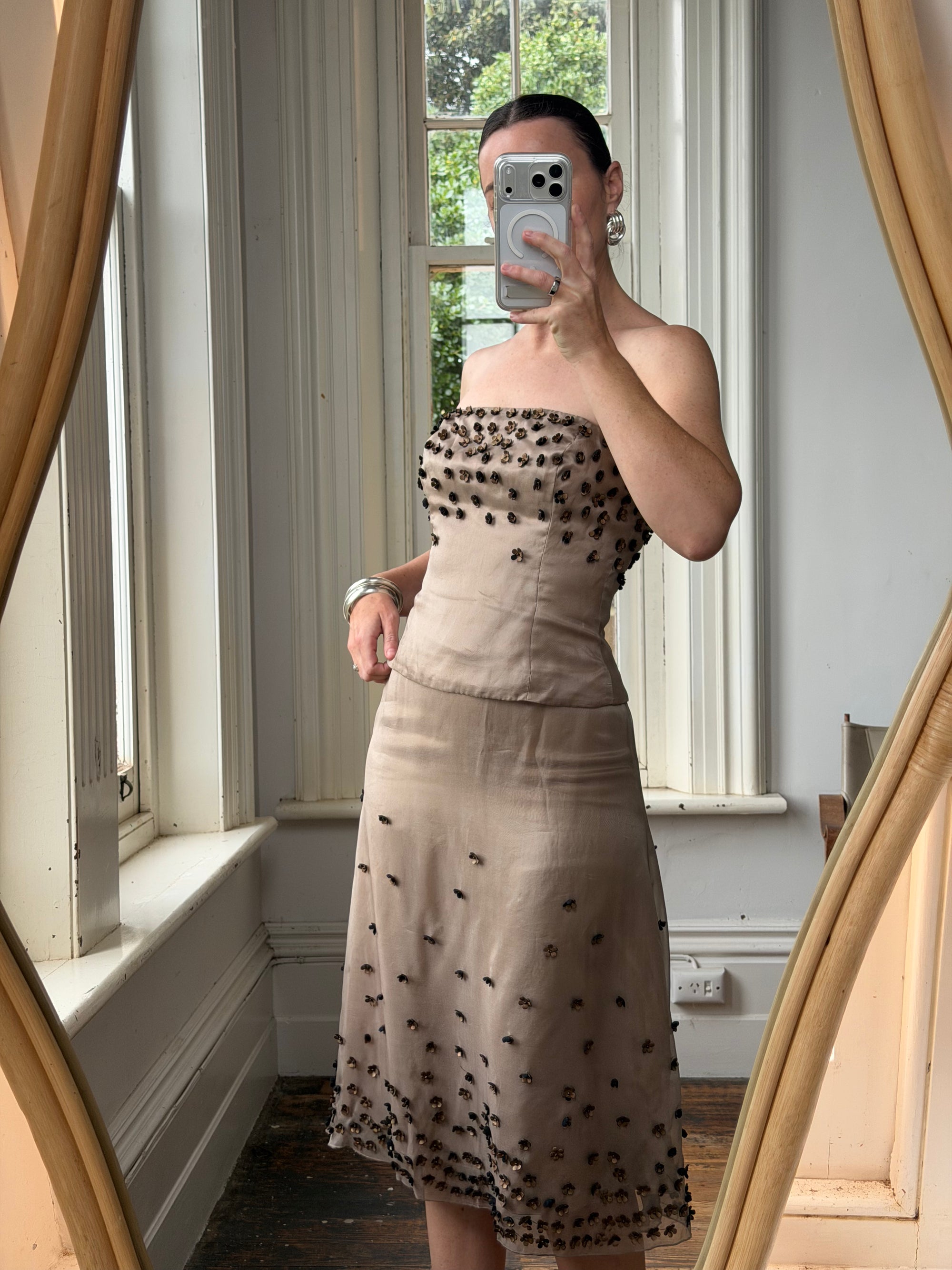 Vintage Y2K Mocha Silk Organza Set With 3D Floral Applique