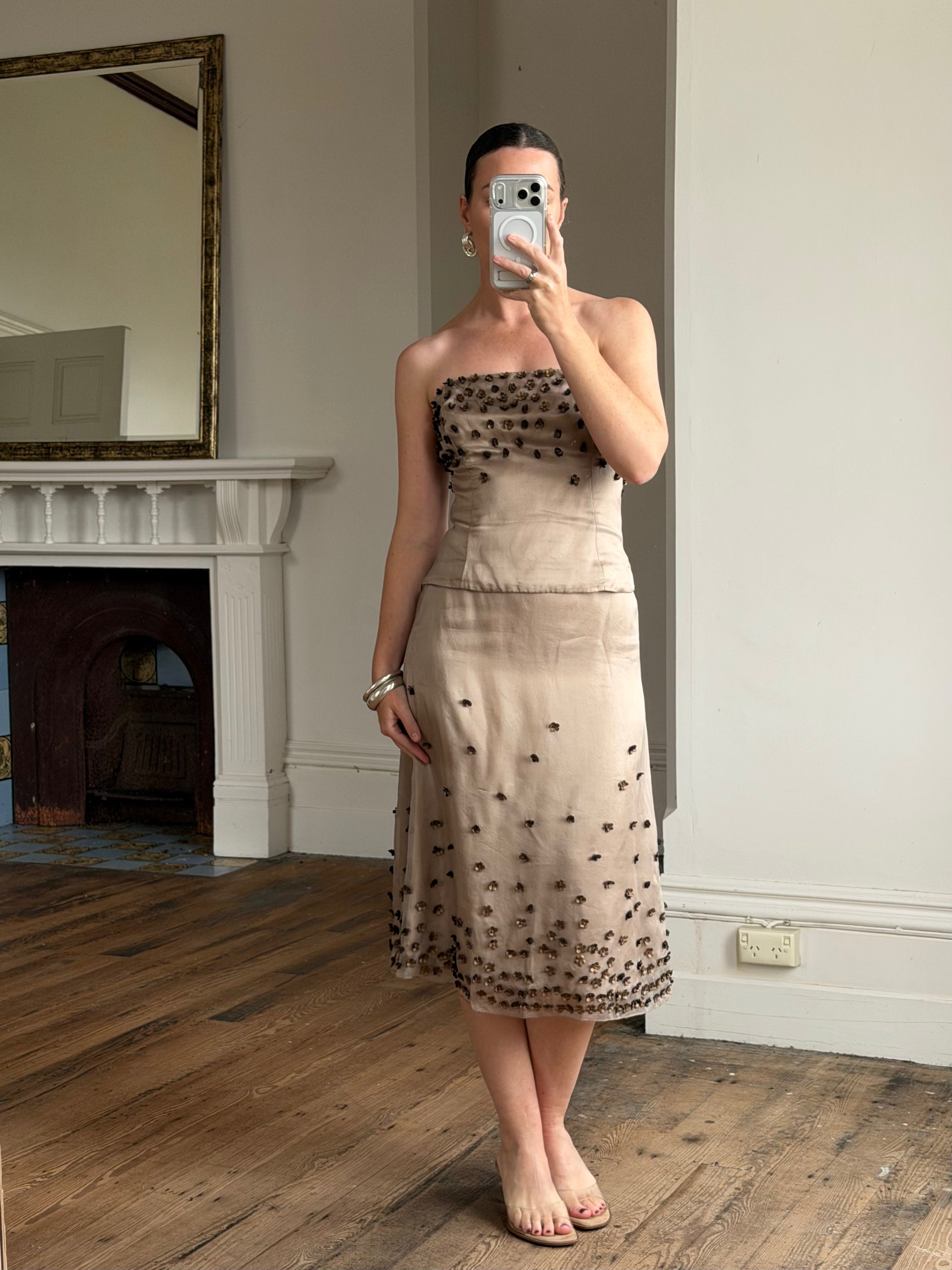 Vintage Y2K Mocha Silk Organza Set With 3D Floral Applique