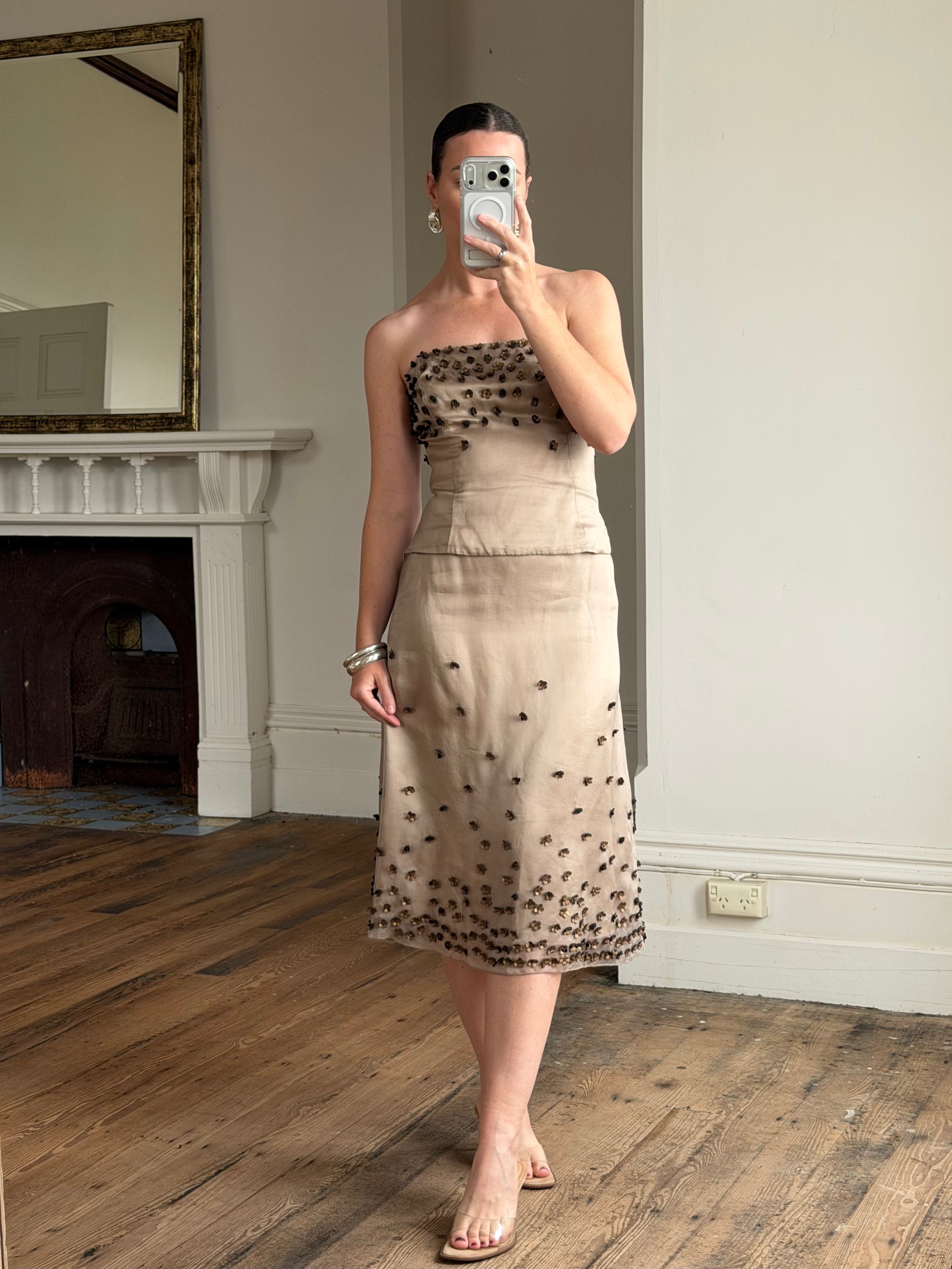 Vintage Y2K Mocha Silk Organza Set With 3D Floral Applique