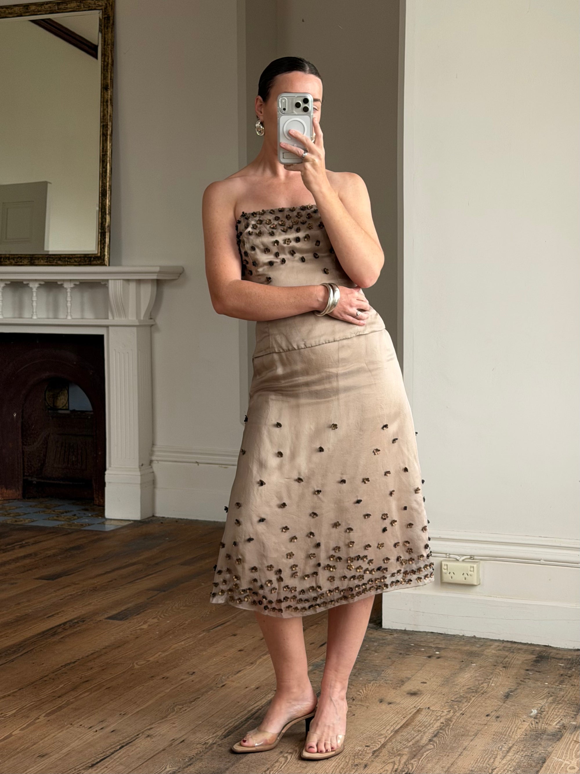 Vintage Y2K Mocha Silk Organza Set With 3D Floral Applique
