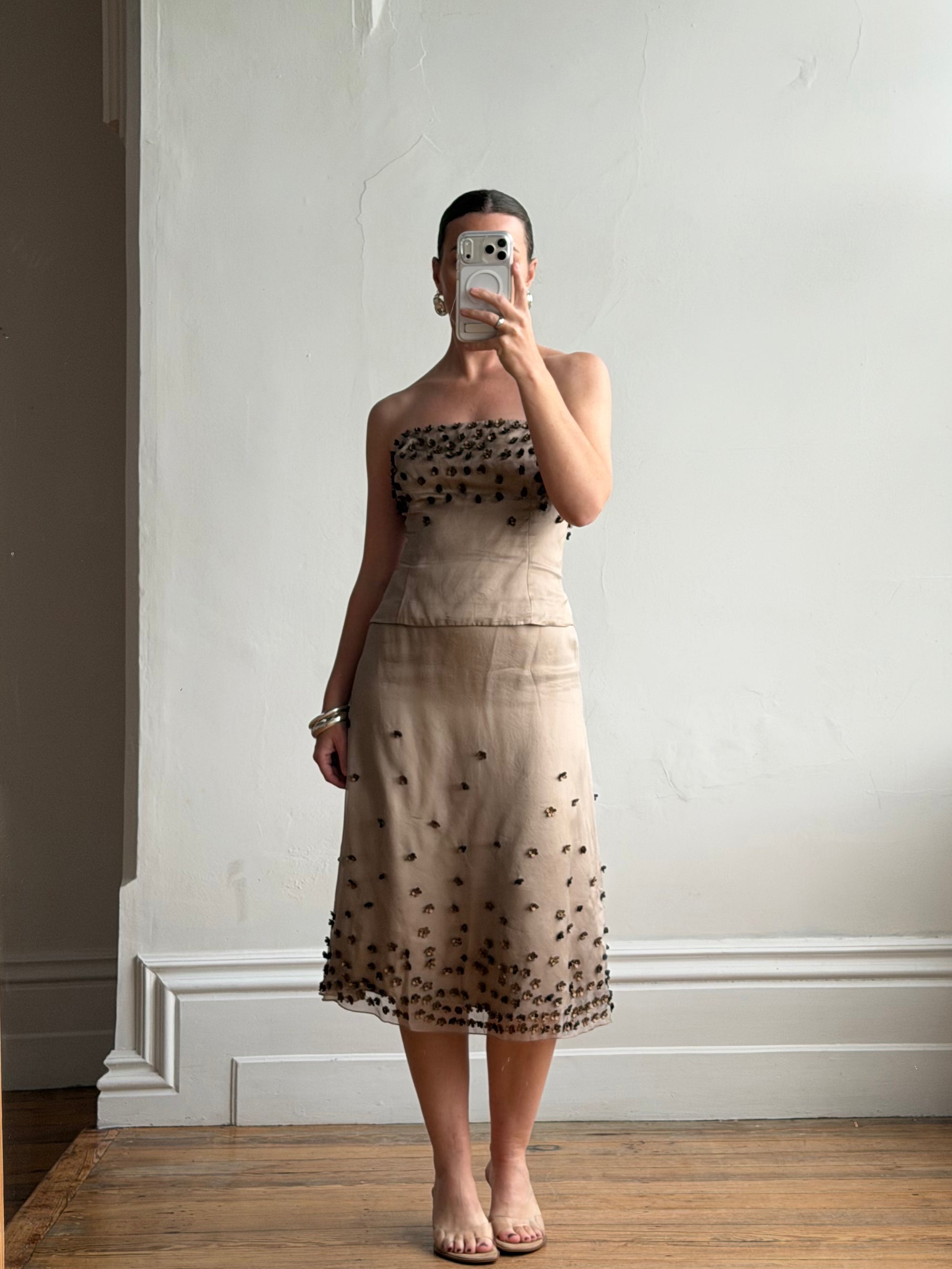 Vintage Y2K Mocha Silk Organza Set With 3D Floral Applique
