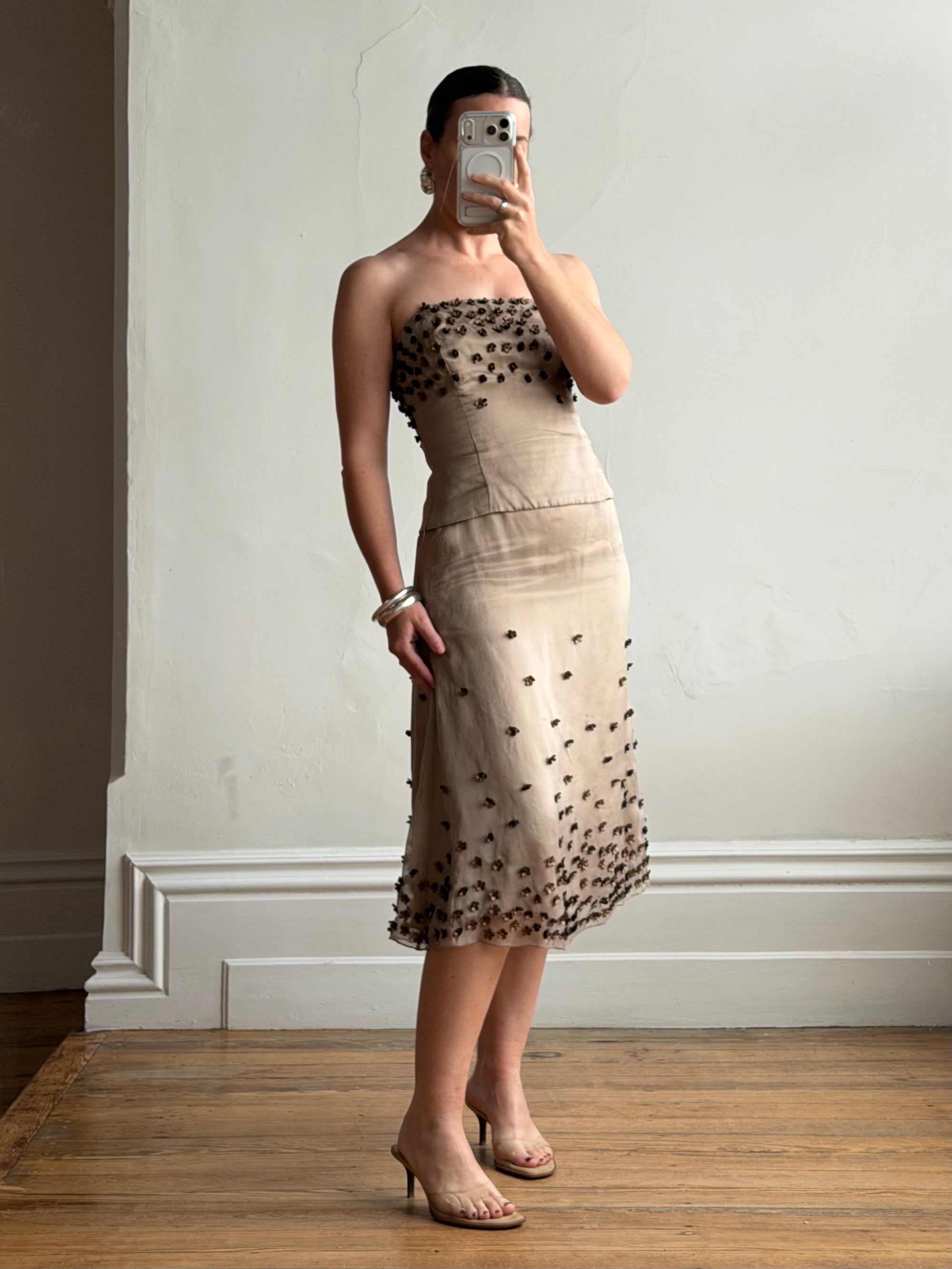 Vintage Y2K Mocha Silk Organza Set With 3D Floral Applique