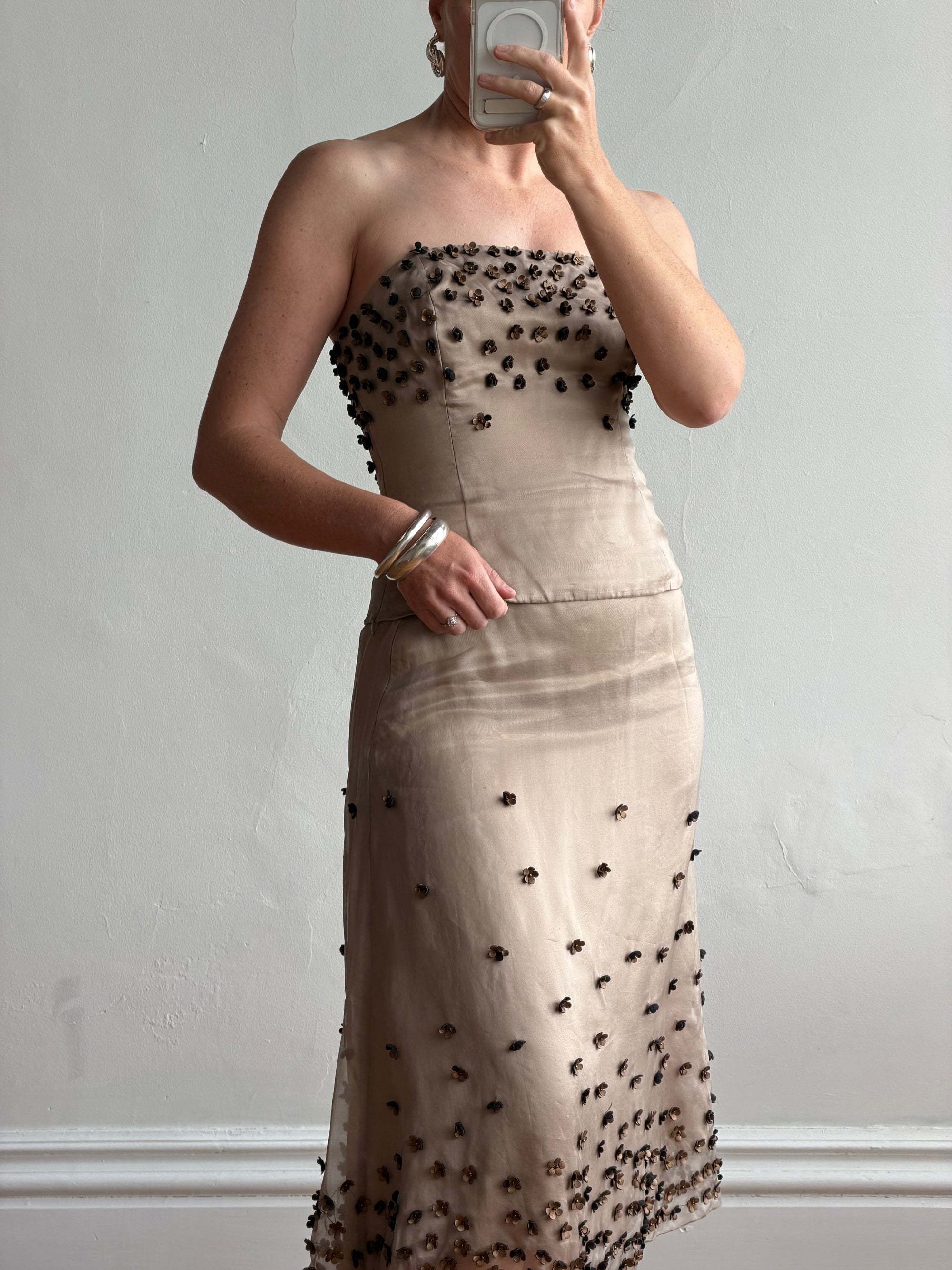 Vintage Y2K Mocha Silk Organza Set With 3D Floral Applique