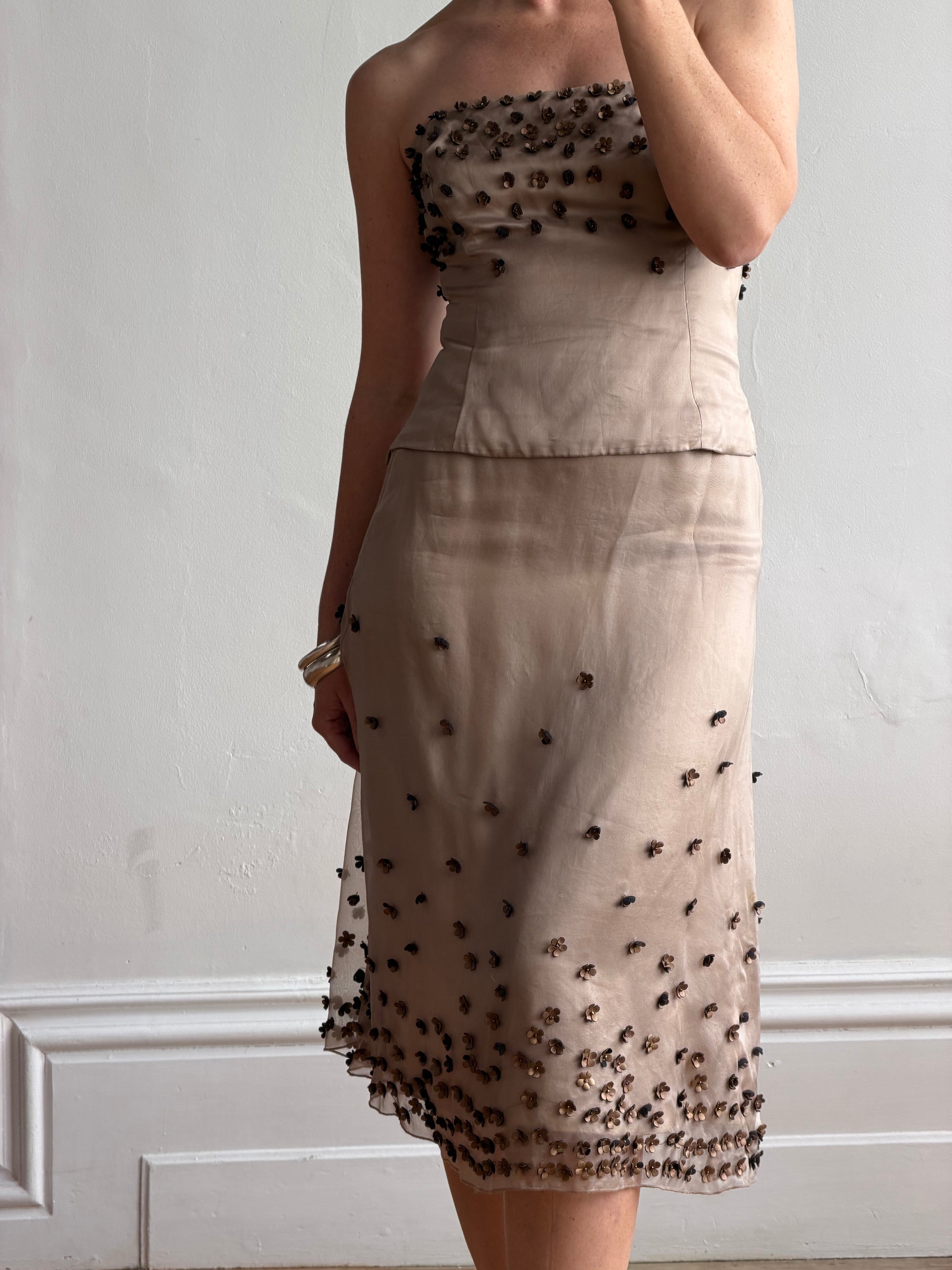 Vintage Y2K Mocha Silk Organza Set With 3D Floral Applique