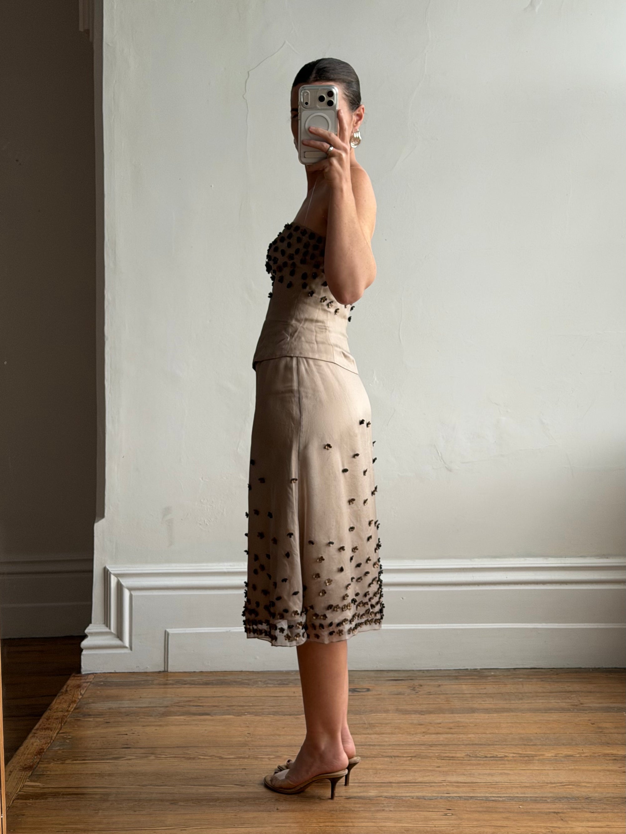 Vintage Y2K Mocha Silk Organza Set With 3D Floral Applique