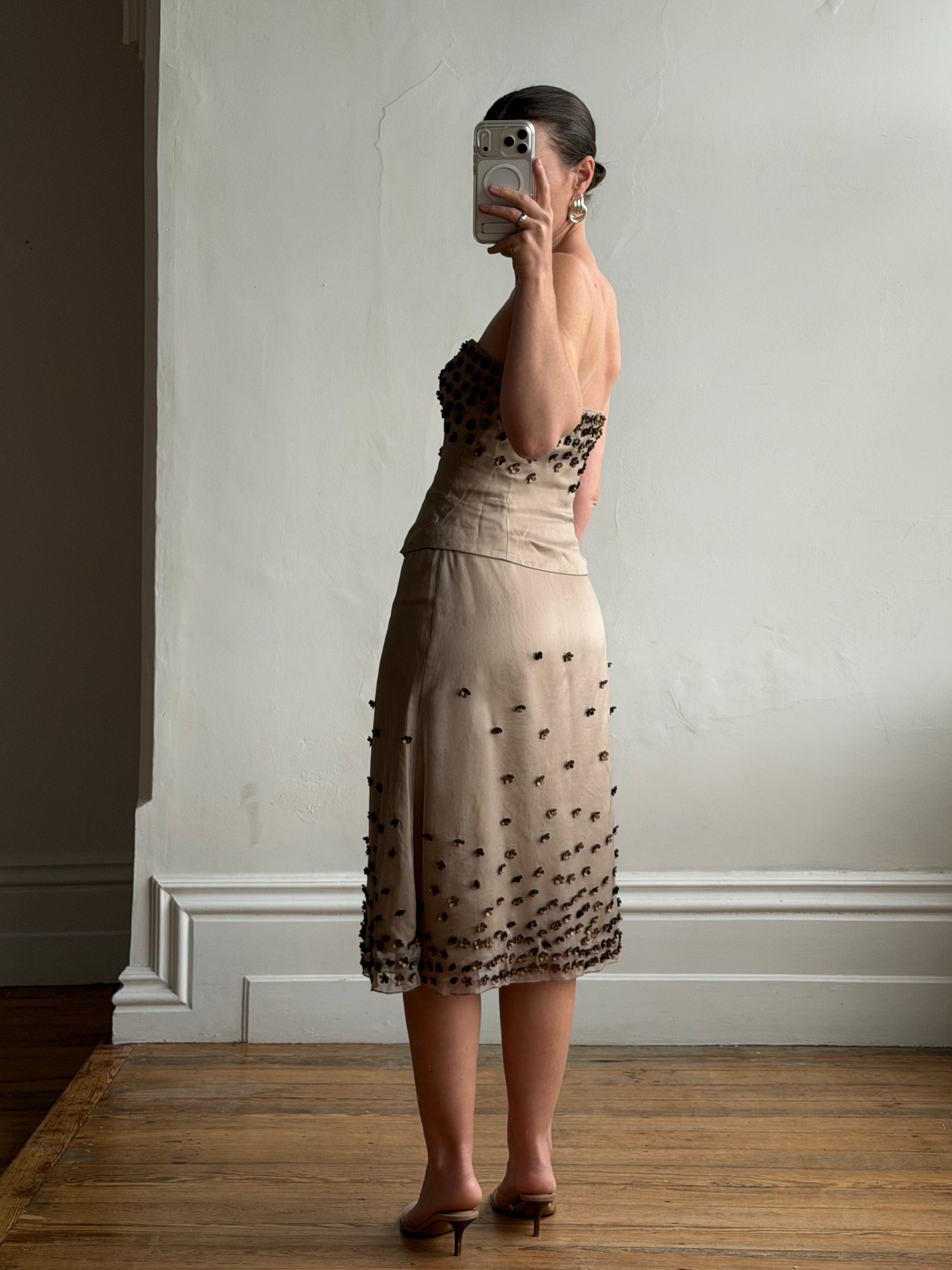 Vintage Y2K Mocha Silk Organza Set With 3D Floral Applique