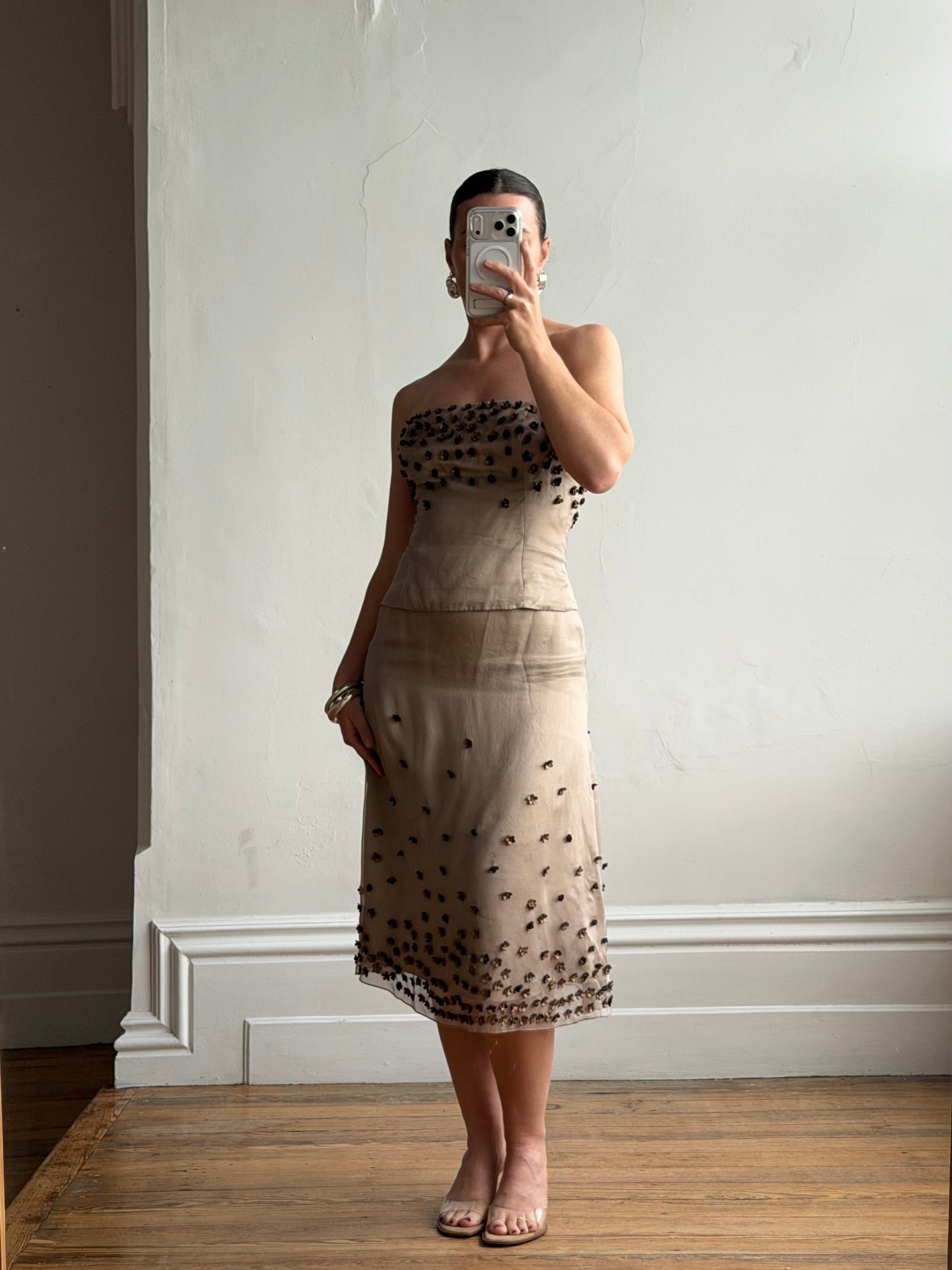 Vintage Y2K Mocha Silk Organza Set With 3D Floral Applique