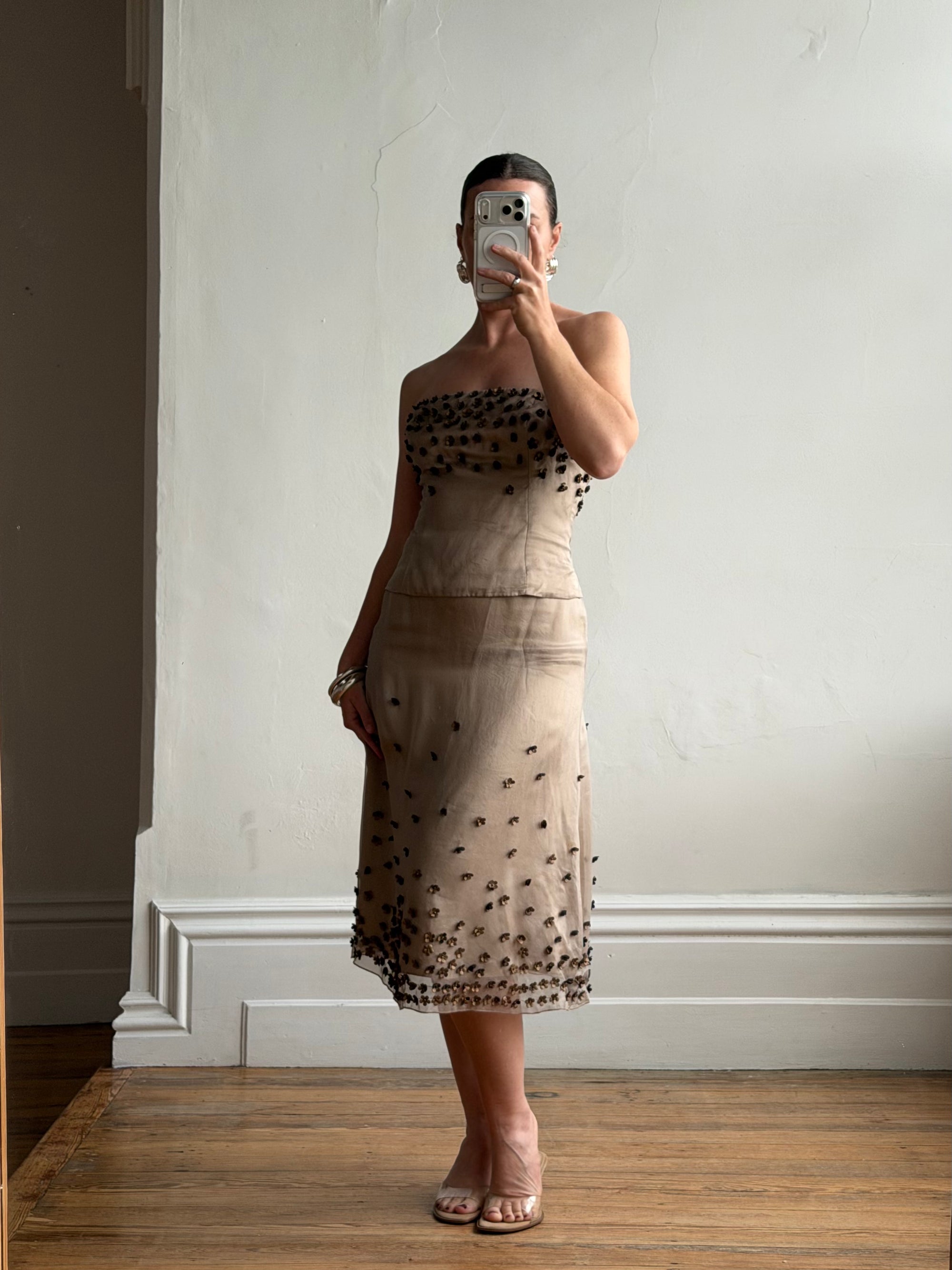 Vintage Y2K Mocha Silk Organza Set With 3D Floral Applique