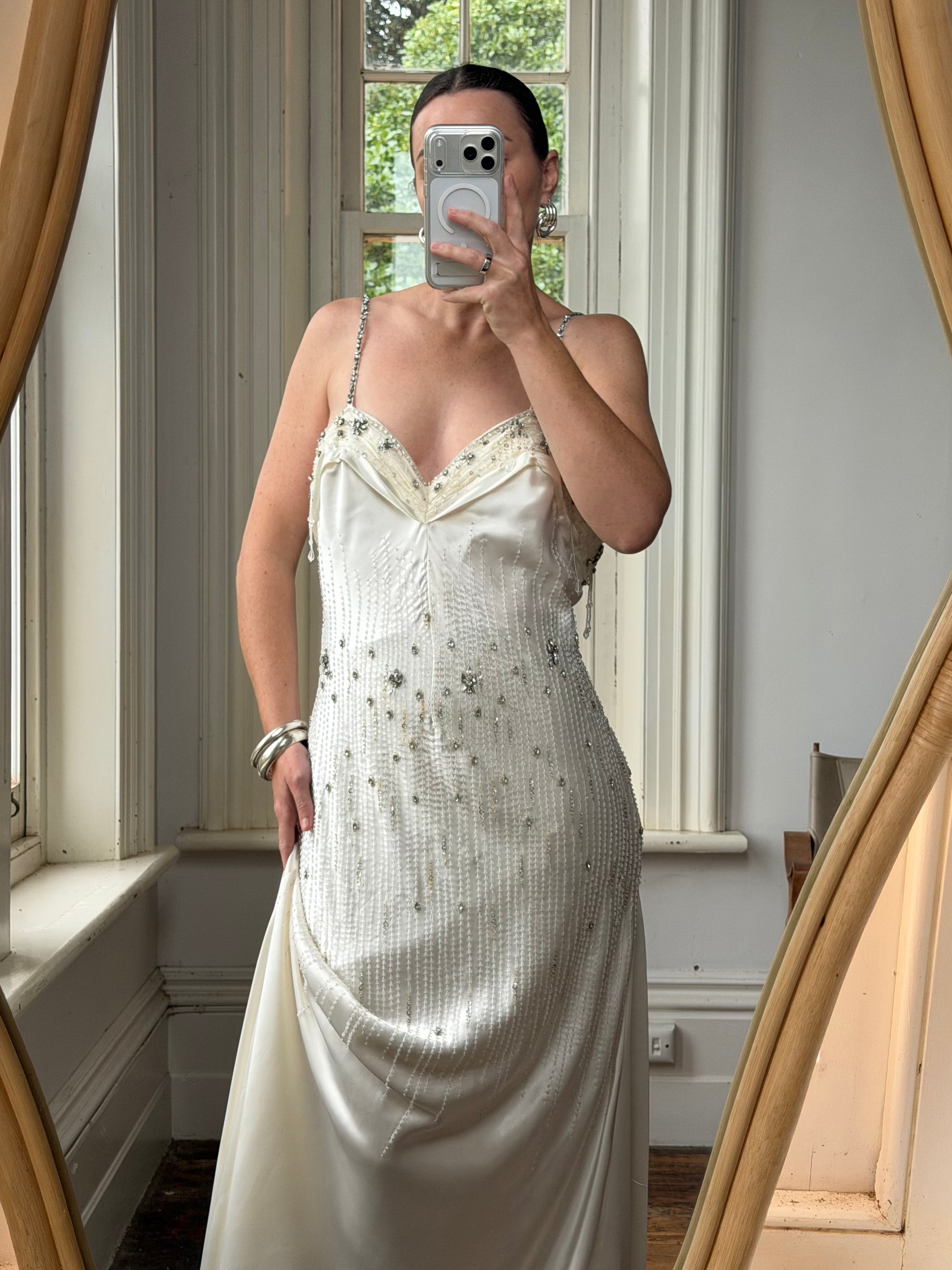 Vintage 90s Italian Crystal and Rhinestone Silk Backless Wedding Gown