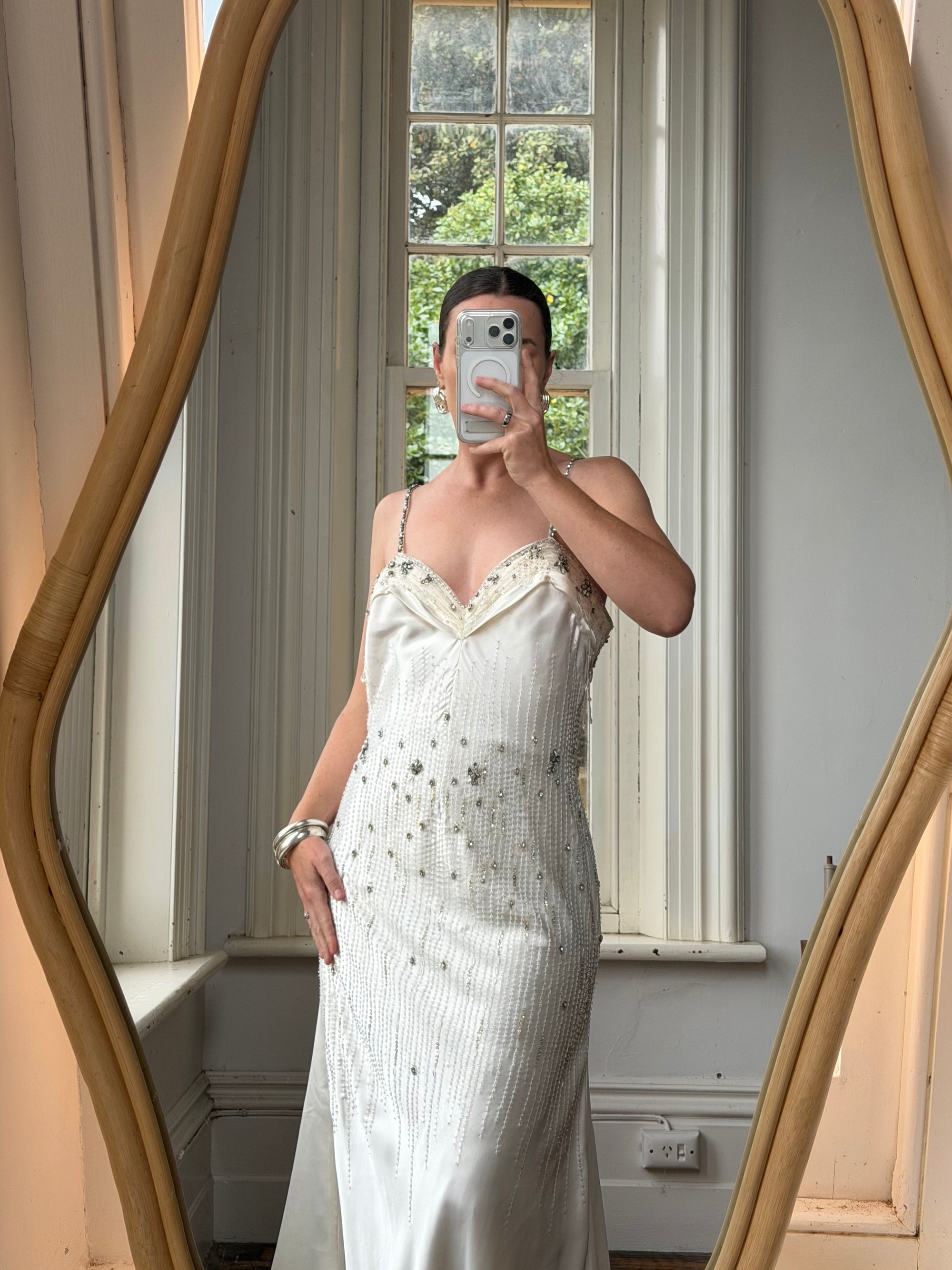 Vintage 90s Italian Crystal and Rhinestone Silk Backless Wedding Gown