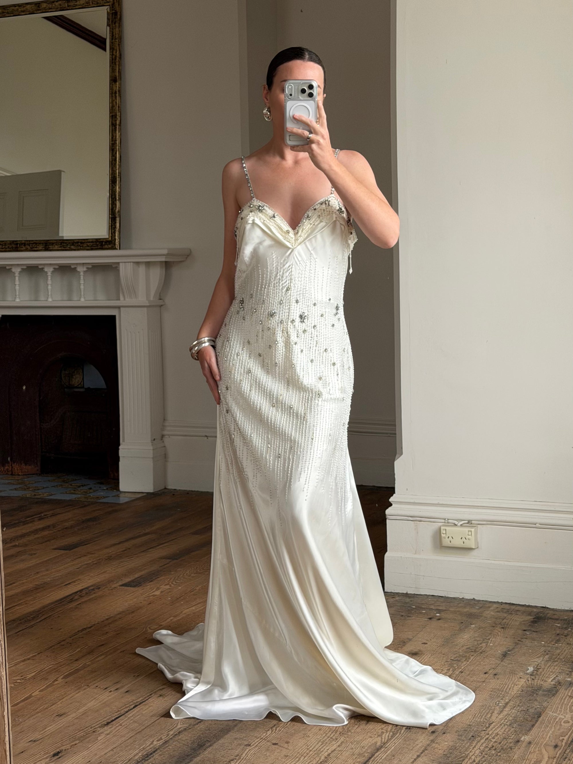 Vintage 90s Italian Crystal and Rhinestone Silk Backless Wedding Gown