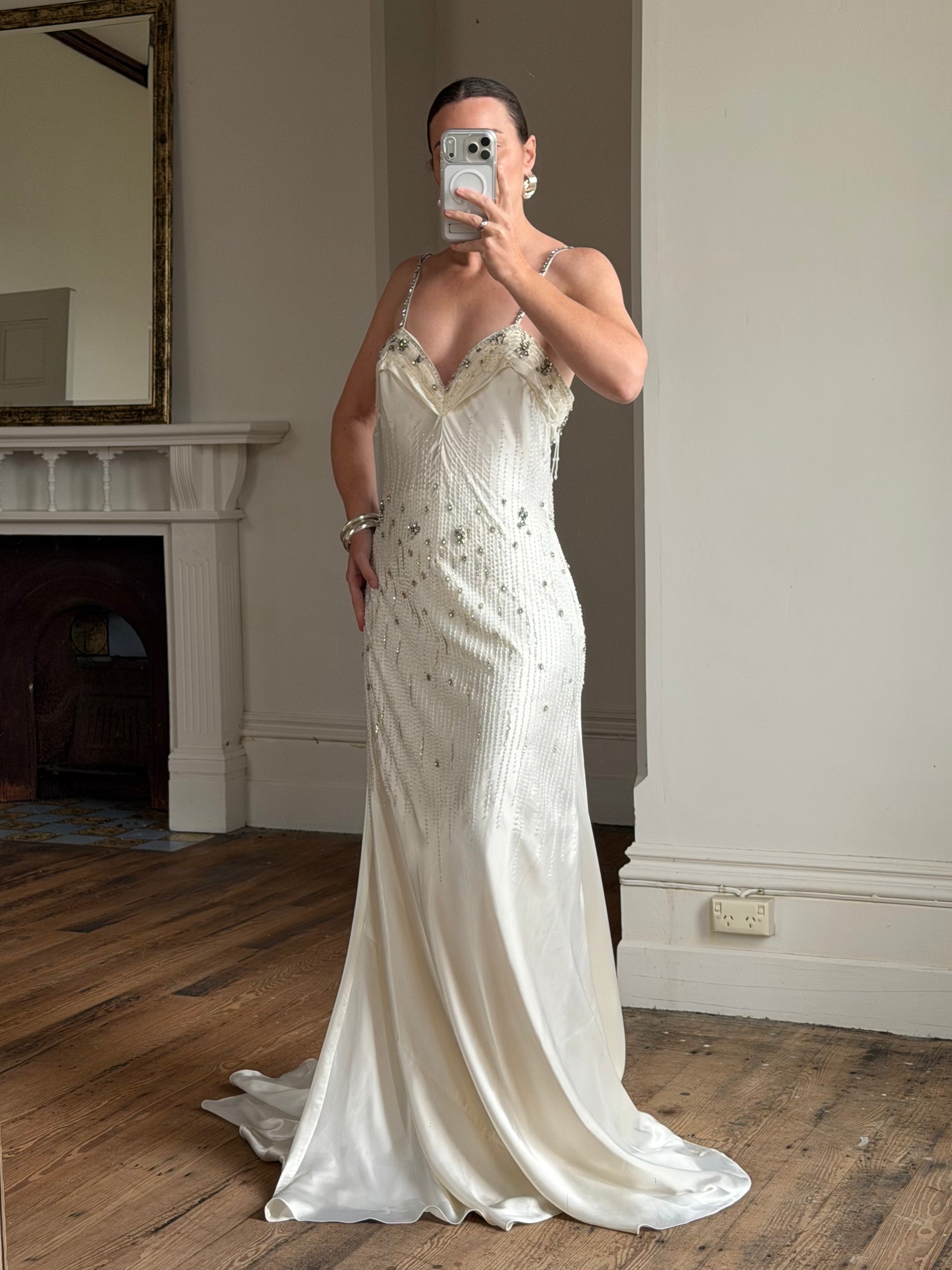 Vintage 90s Italian Crystal and Rhinestone Silk Backless Wedding Gown