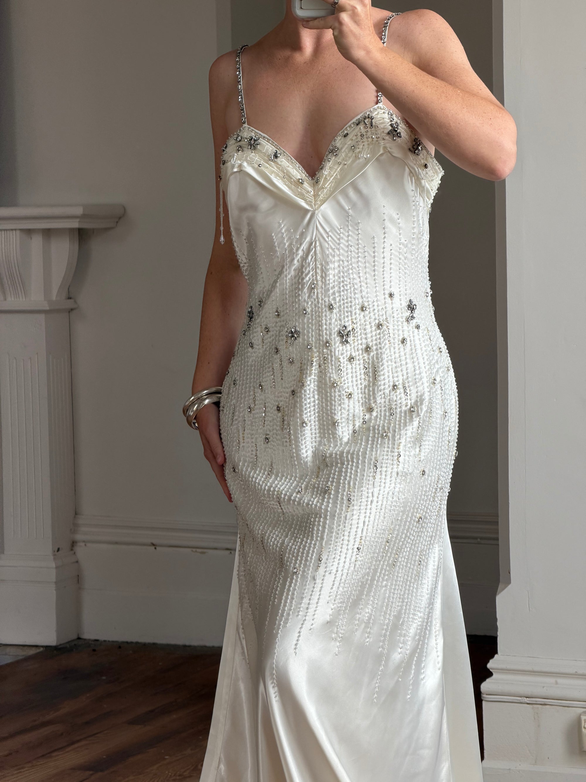Vintage 90s Italian Crystal and Rhinestone Silk Backless Wedding Gown