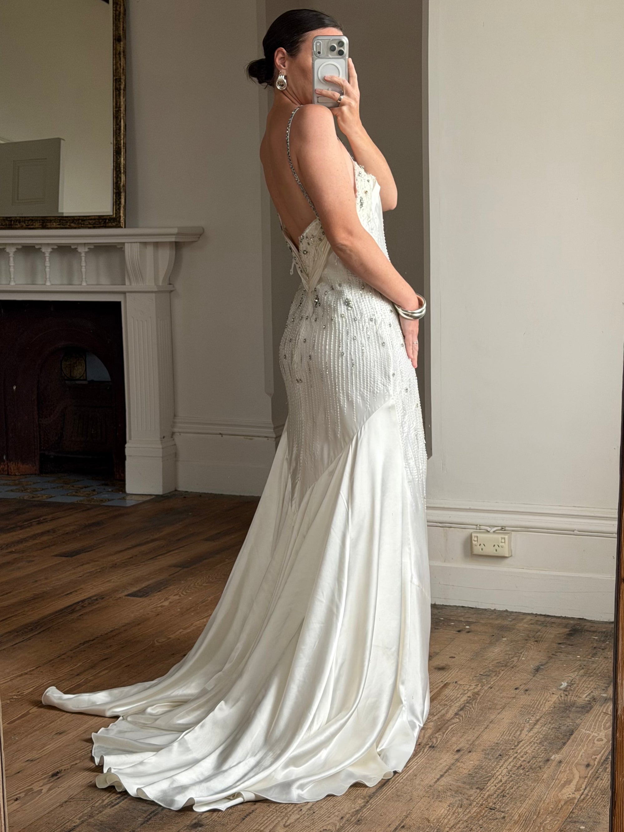Vintage 90s Italian Crystal and Rhinestone Silk Backless Wedding Gown