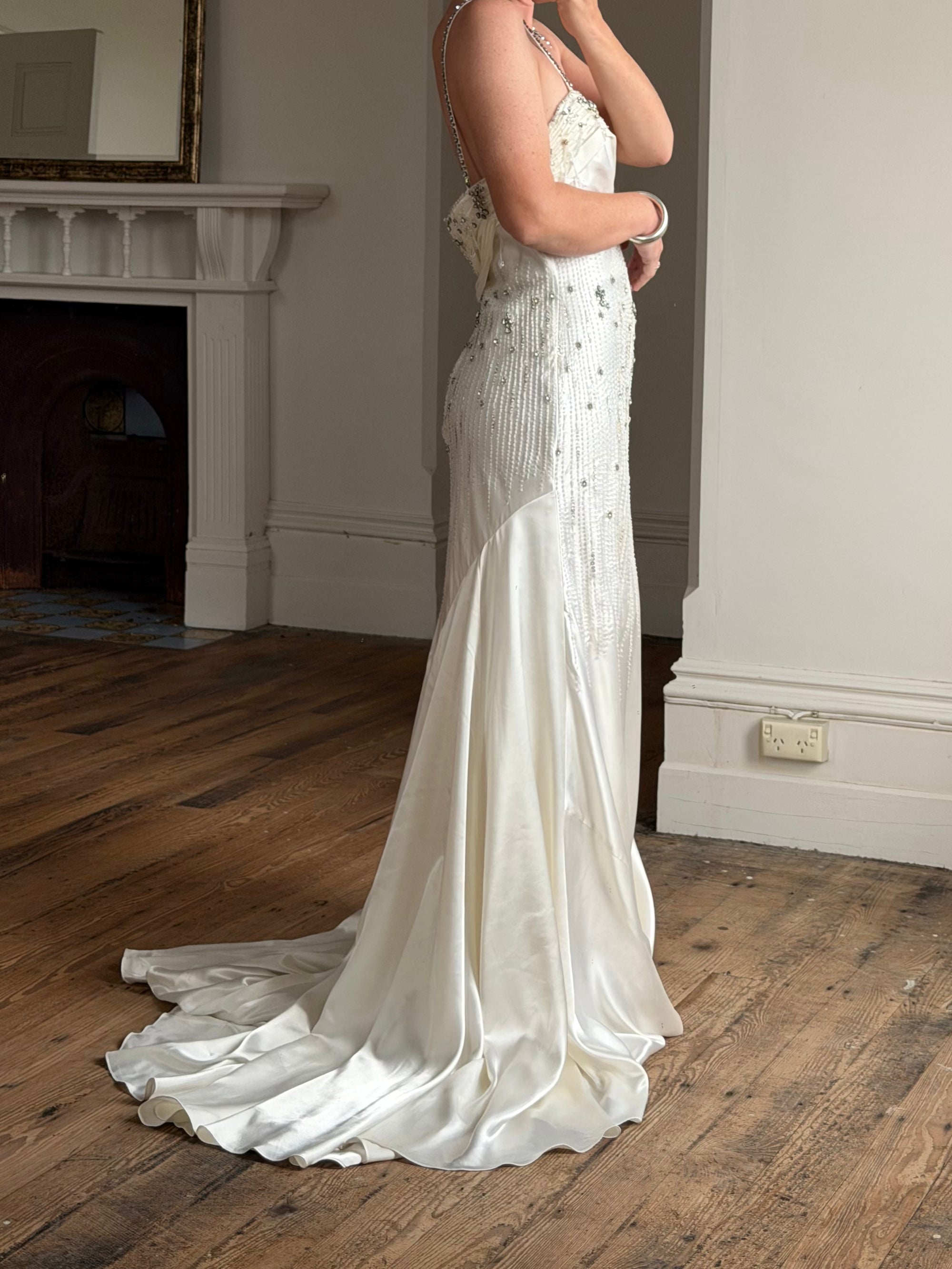 Vintage 90s Italian Crystal and Rhinestone Silk Backless Wedding Gown