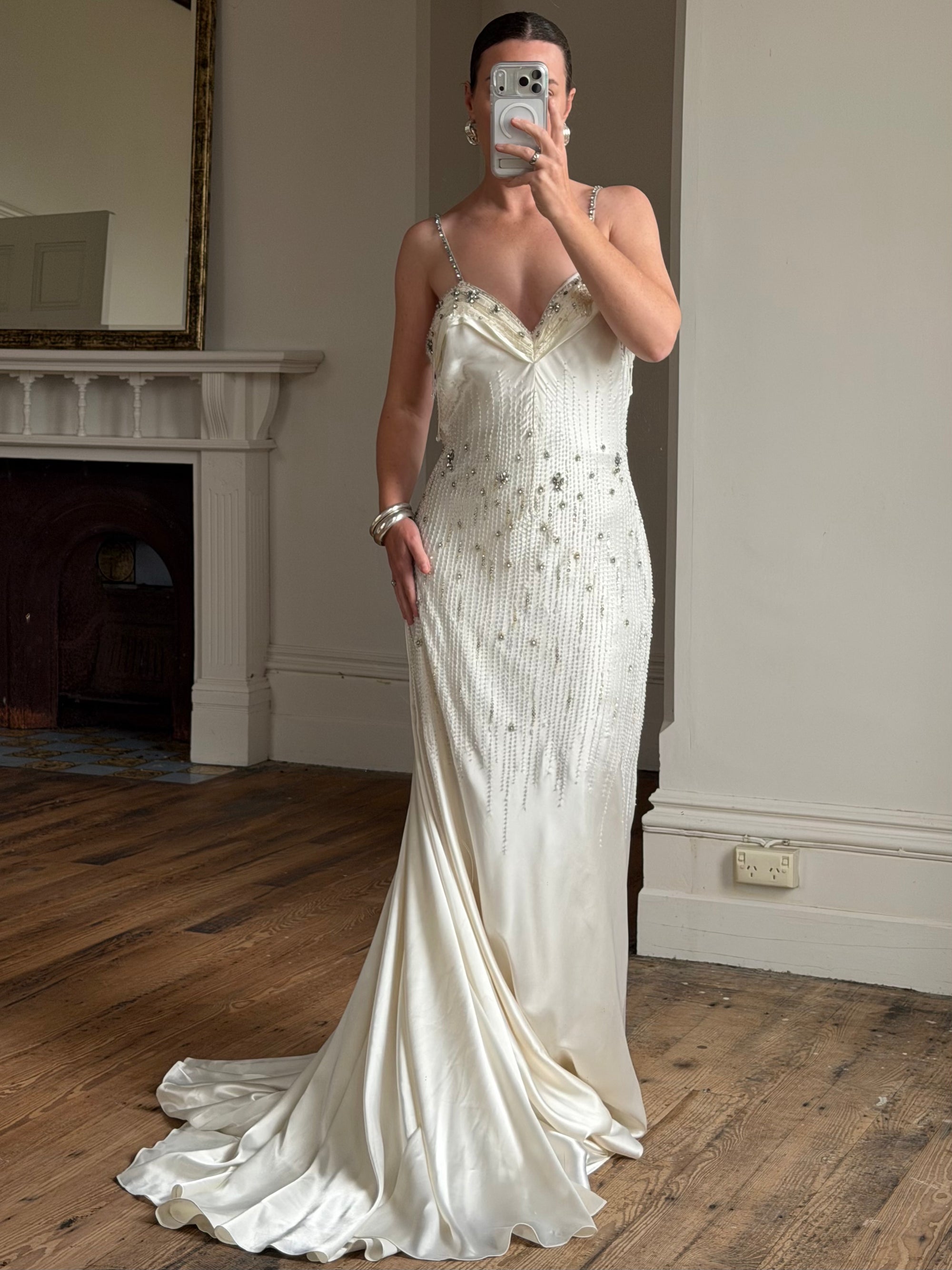 Vintage 90s Italian Crystal and Rhinestone Silk Backless Wedding Gown