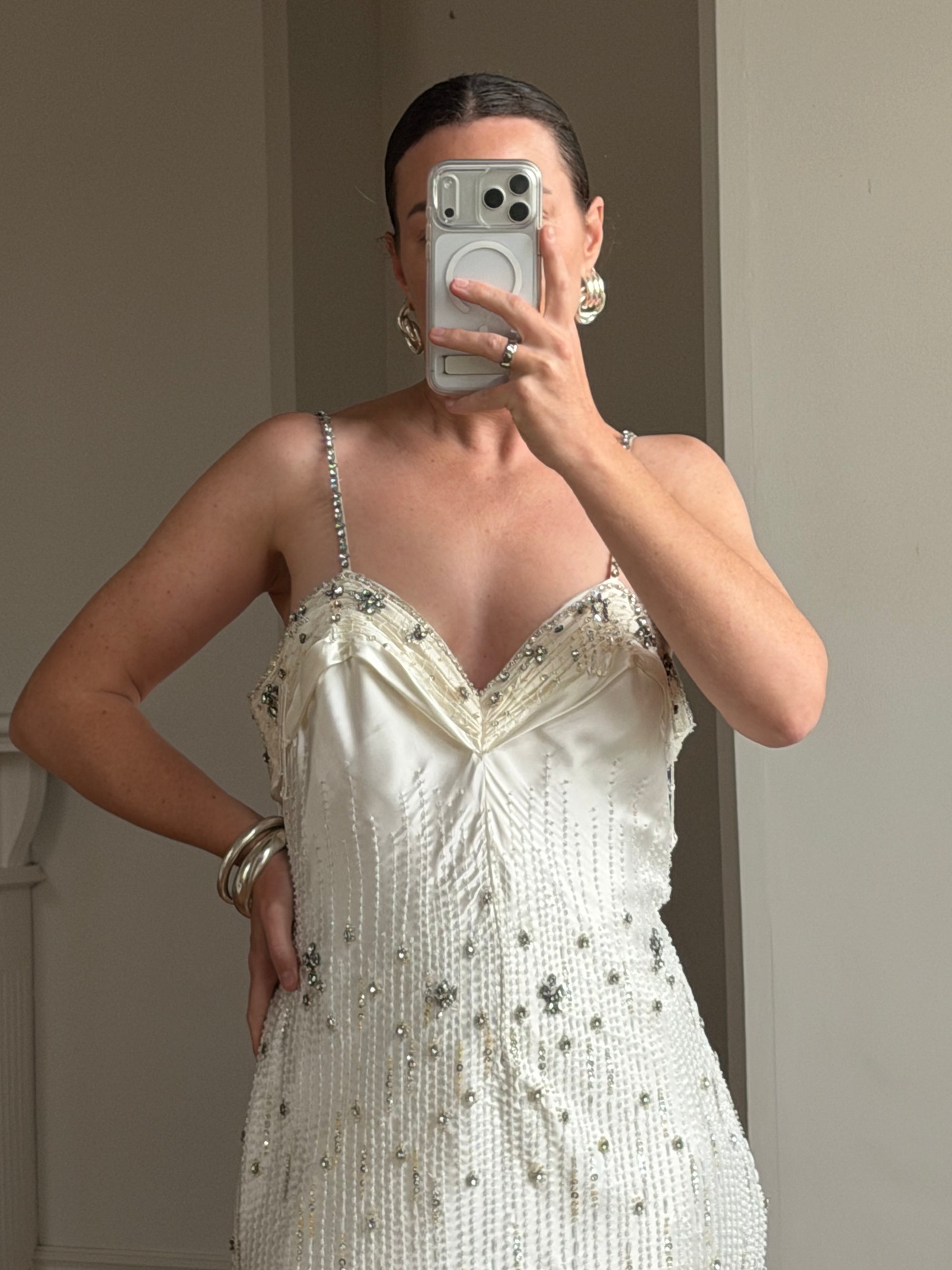 Vintage 90s Italian Crystal and Rhinestone Silk Backless Wedding Gown