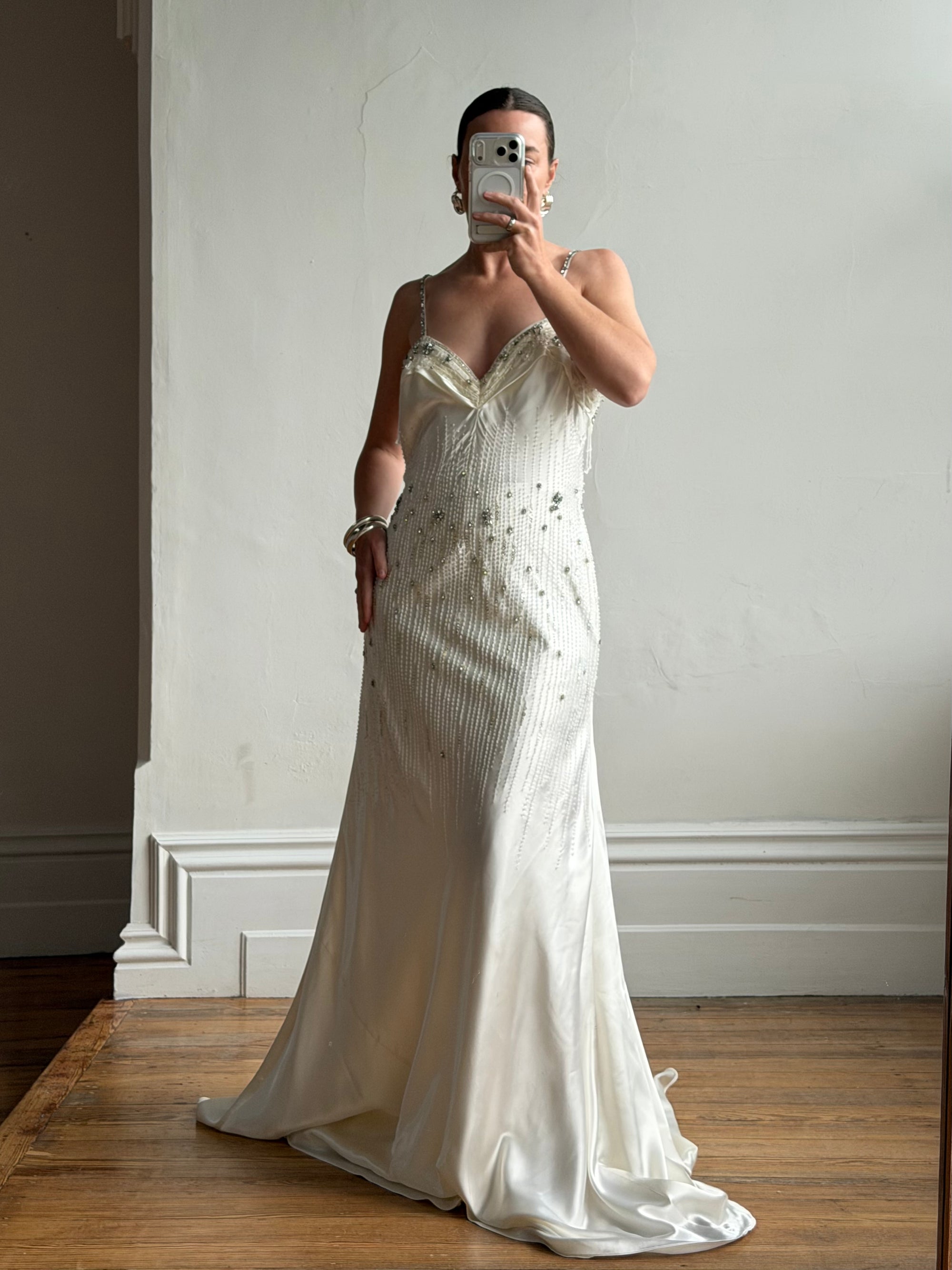 Vintage 90s Italian Crystal and Rhinestone Silk Backless Wedding Gown