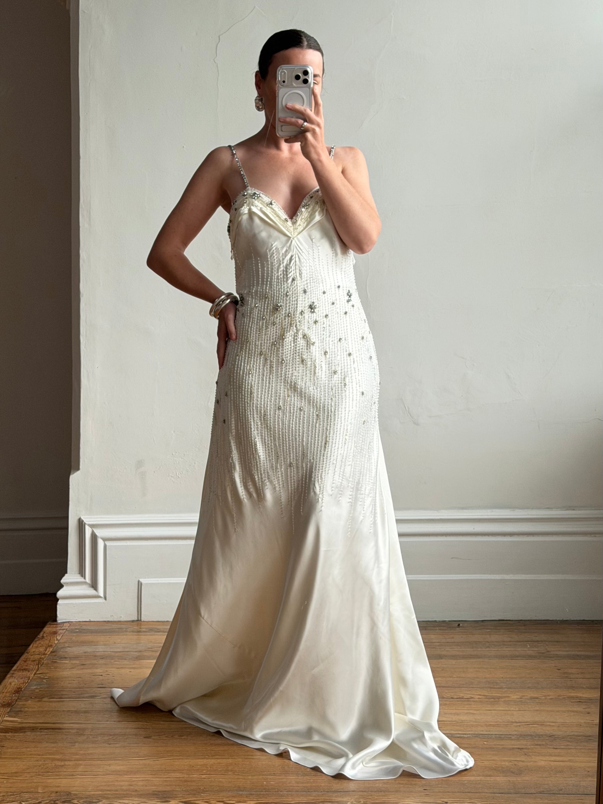 Vintage 90s Italian Crystal and Rhinestone Silk Backless Wedding Gown