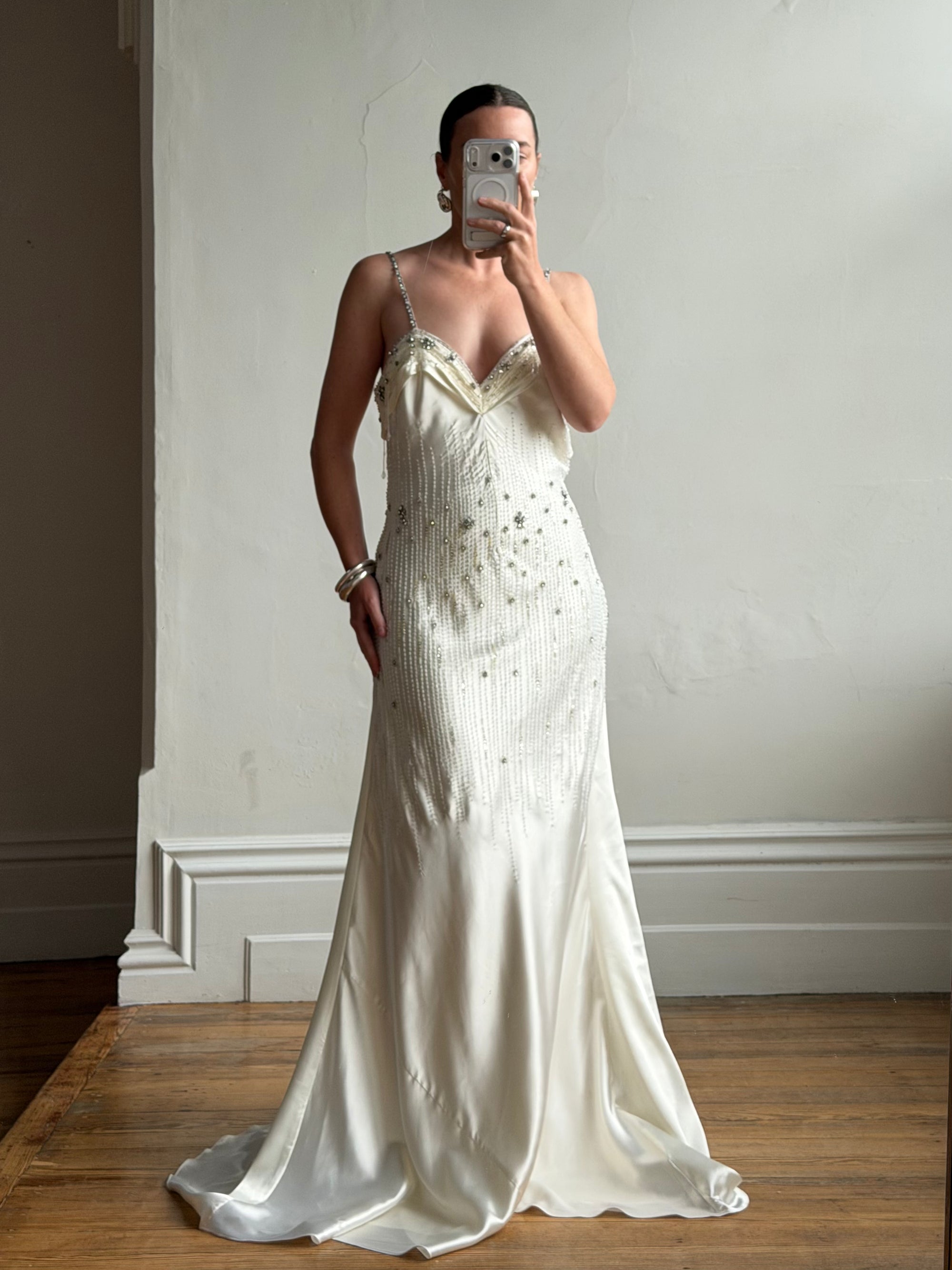 Vintage 90s Italian Crystal and Rhinestone Silk Backless Wedding Gown