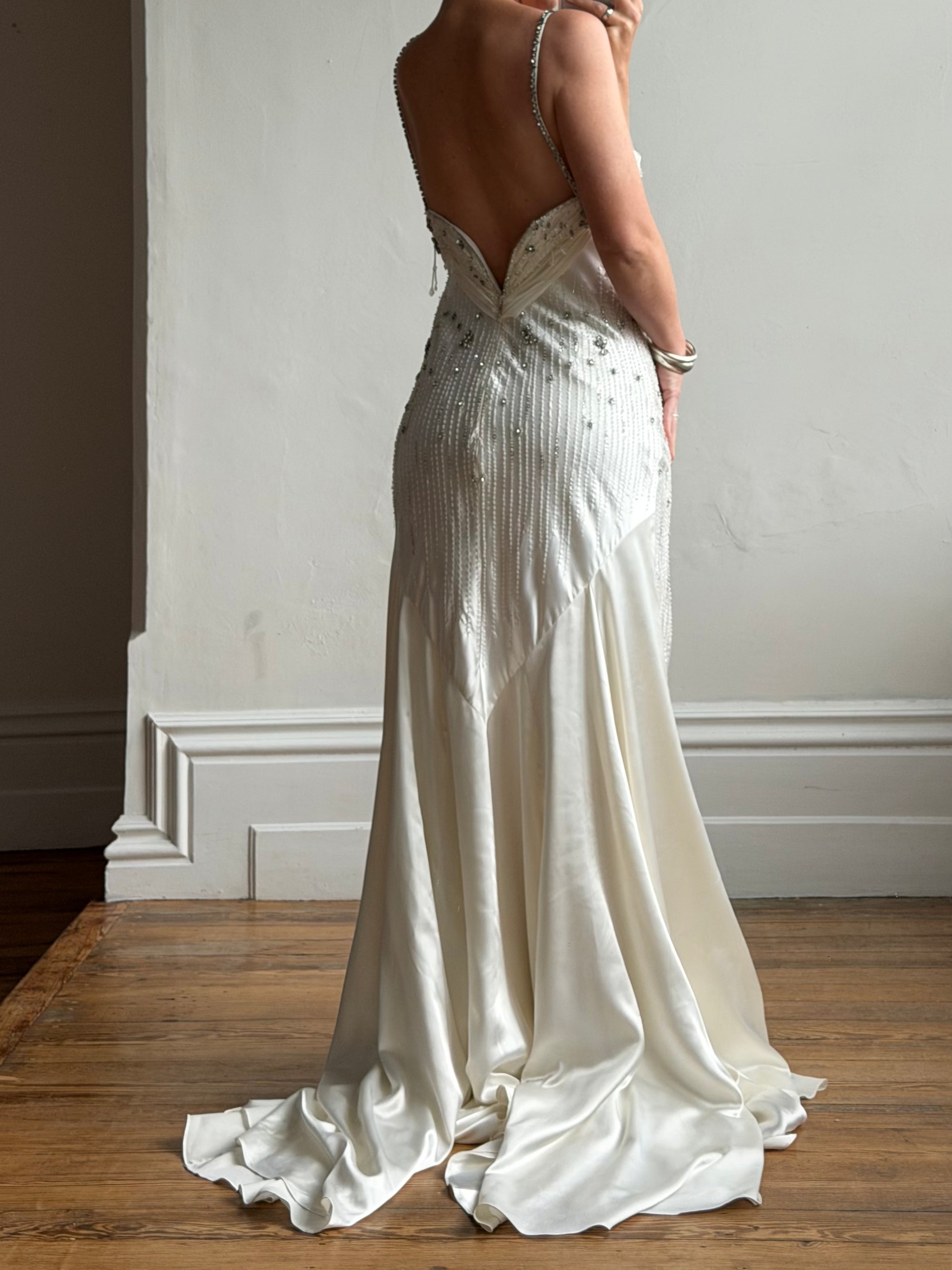 Vintage 90s Italian Crystal and Rhinestone Silk Backless Wedding Gown