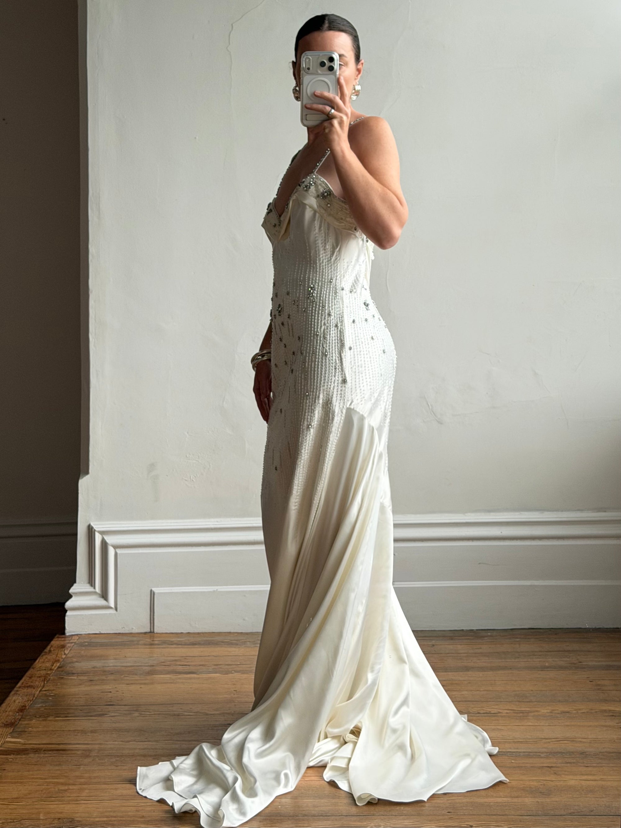 Vintage 90s Italian Crystal and Rhinestone Silk Backless Wedding Gown