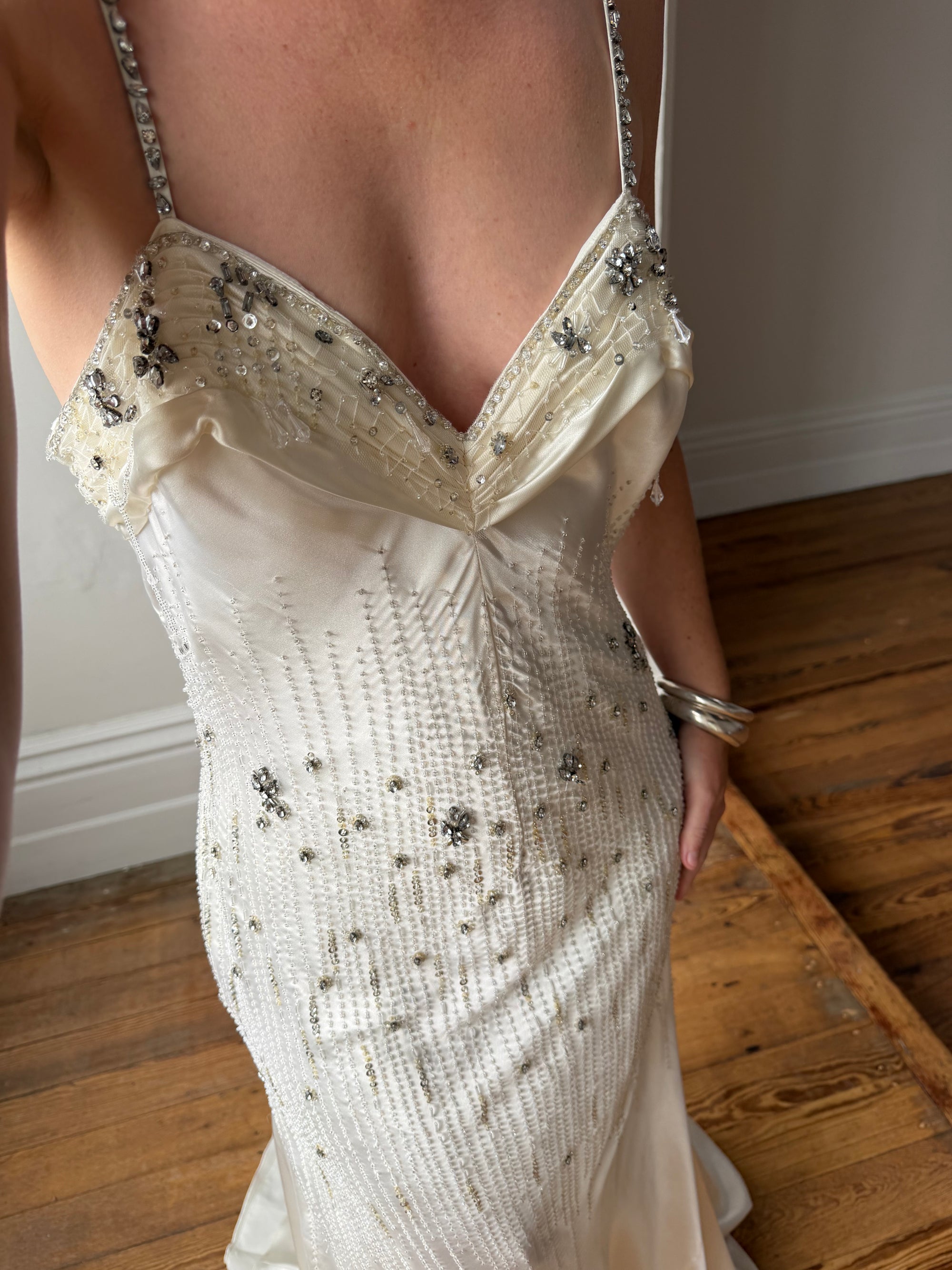Vintage 90s Italian Crystal and Rhinestone Silk Backless Wedding Gown