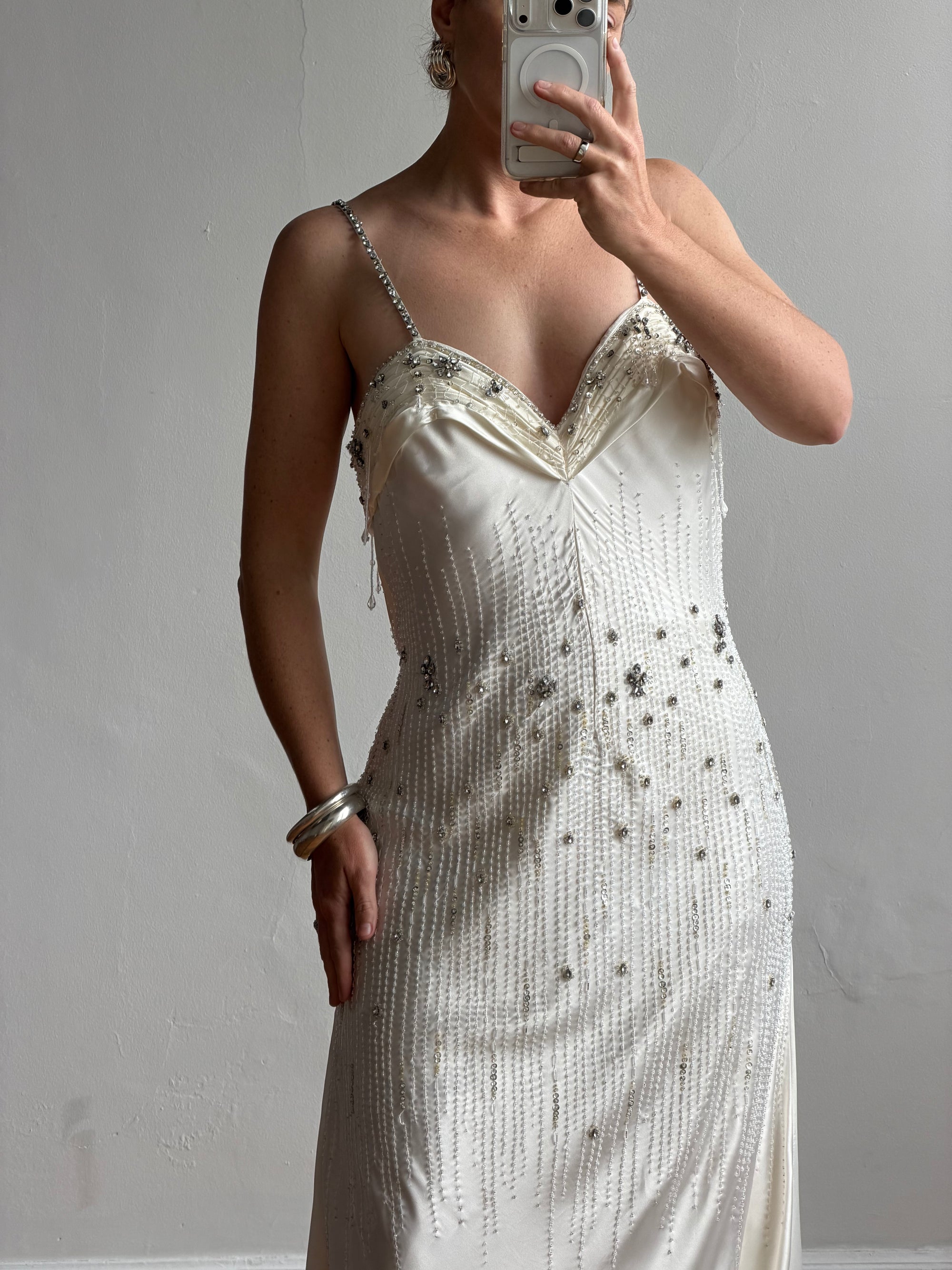 Vintage 90s Italian Crystal and Rhinestone Silk Backless Wedding Gown