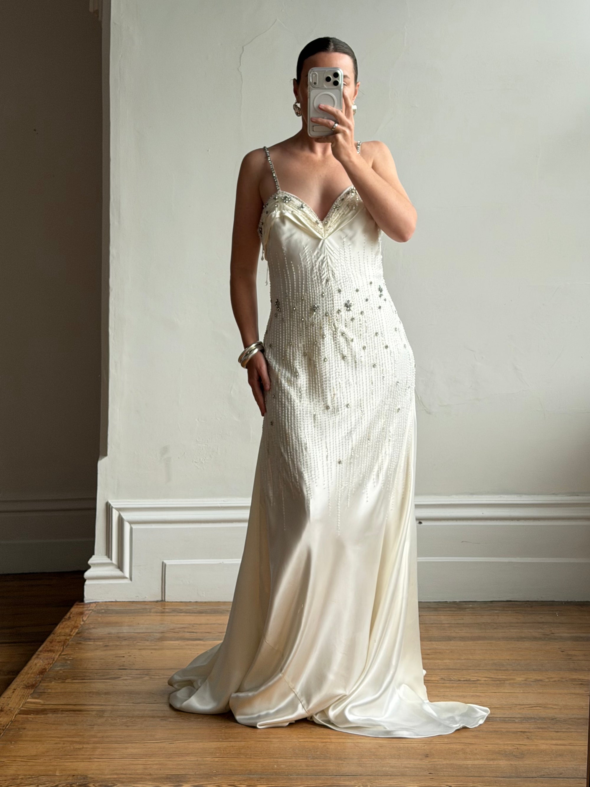 Vintage 90s Italian Crystal and Rhinestone Silk Backless Wedding Gown